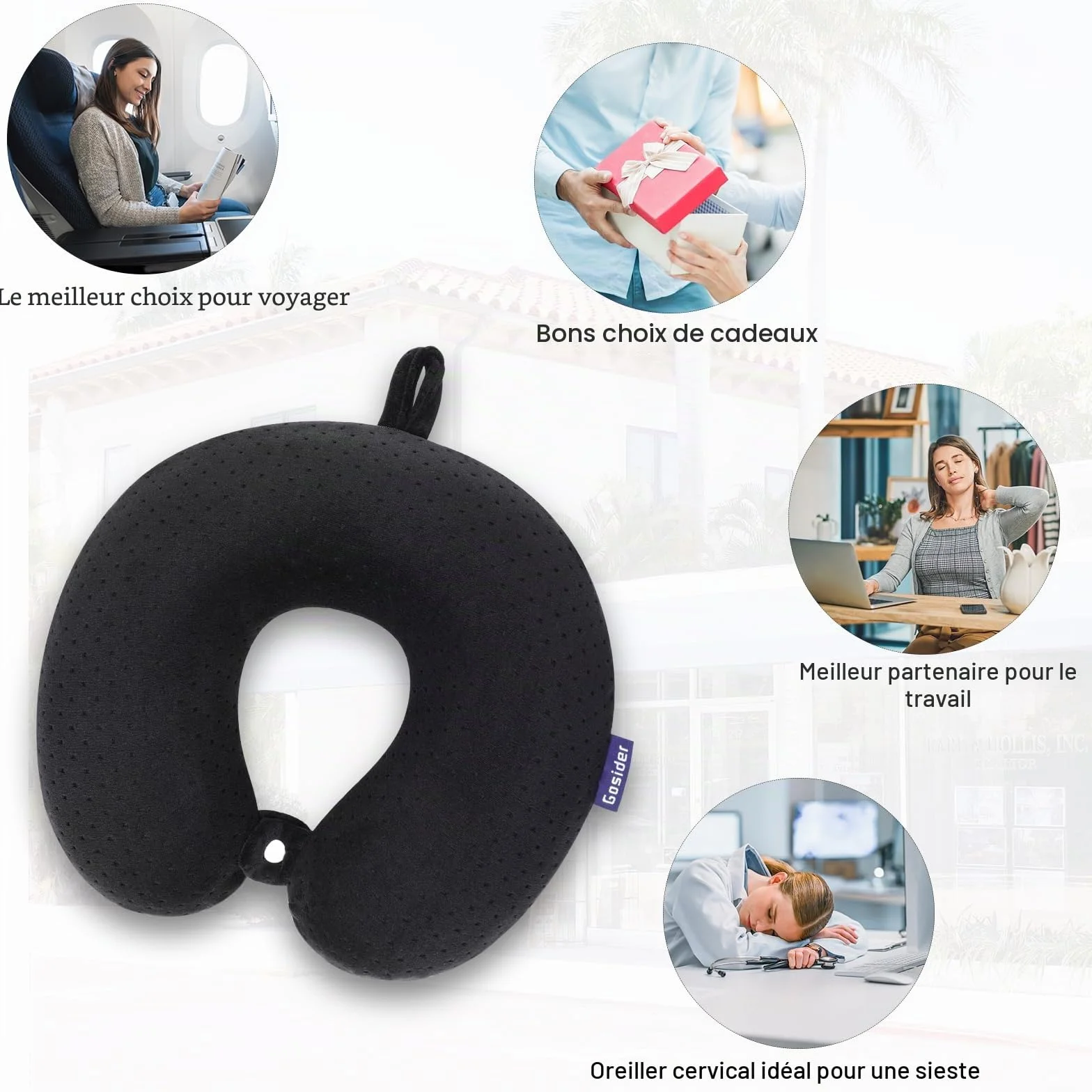 Oreiller de cou voyage mémoire de forme noir soutien tête U portable avion voiture bureau