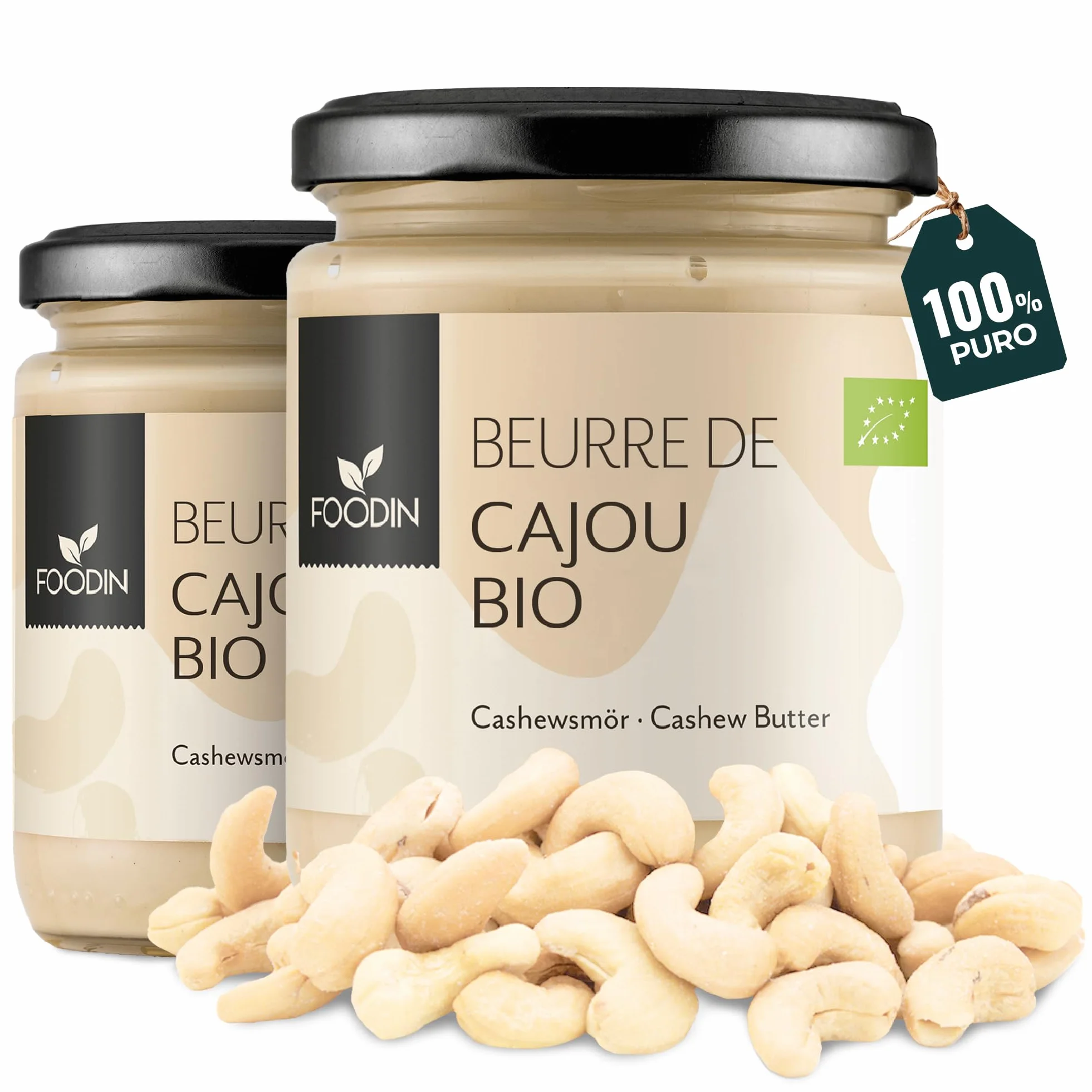FOODIN Noix de cajou bio dans un verre – 100 % naturel noix de cajou, beurre de cajou (2 x 250 g)