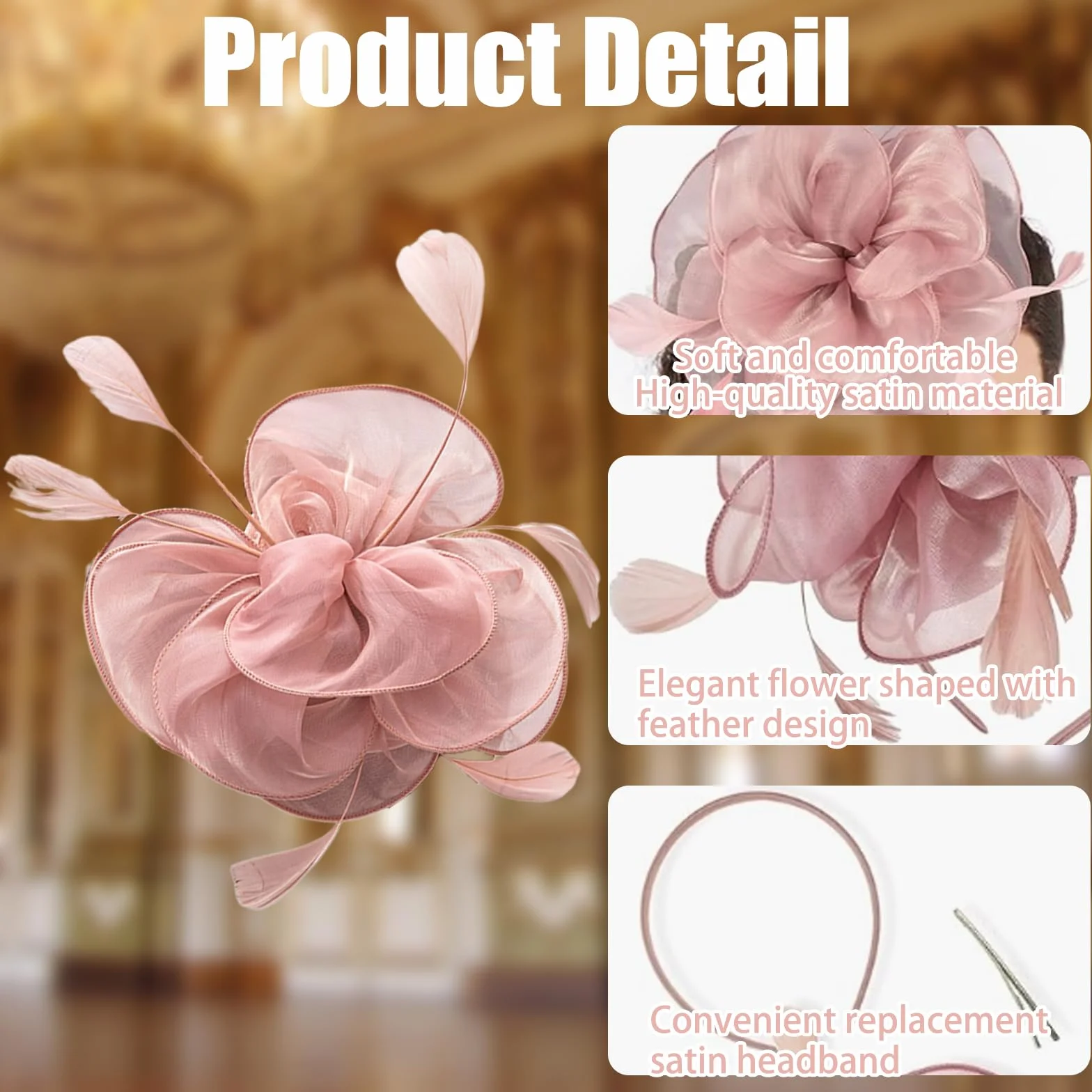 Fascinateurs Floraux Rose avec Plume pour Femme Chapeau Mariage Bandeau