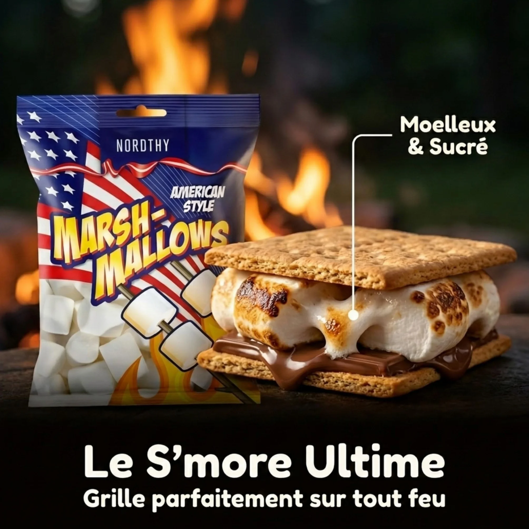 Nordthy Marshmallows American Style 300g – Guimauves Moelleuses à la Vanille – Chamallows pour S’mores, Chocolat Chaud, Desserts, Gâteaux et Buffets Sucrés