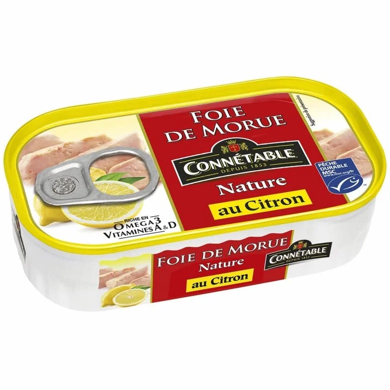 CONNETABLE Foie de Morue Nature au Citron 121 g - Riche en Oméga 3 - Récolte durable - Fabriqué en Bretagne - Idéal pour une alimentation saine et équilibrée - Lot De 4 - Vendu Par Lot