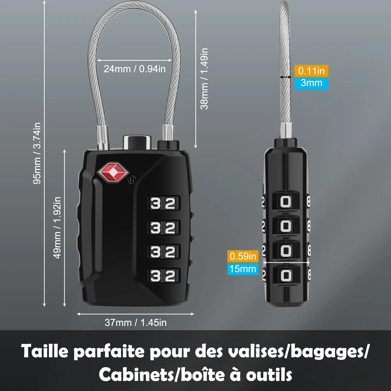Serrure à Bagages TSA Lot de 2 Cadenas à Code 4 Chiffres Valise Combinaison Noir