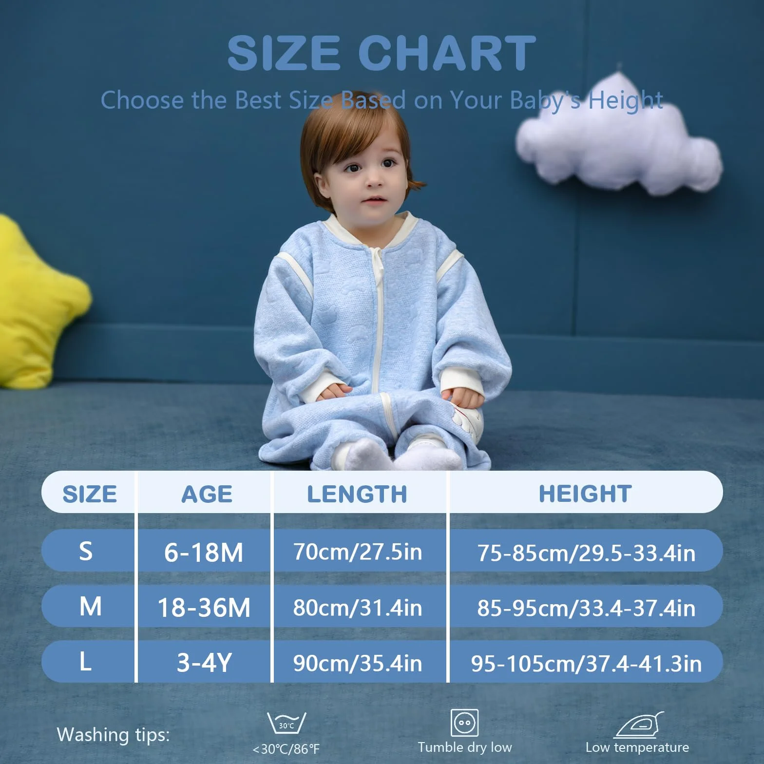 Gigoteuse bébé manches longues hiver 100% coton 80cm 0-16 mois bleu