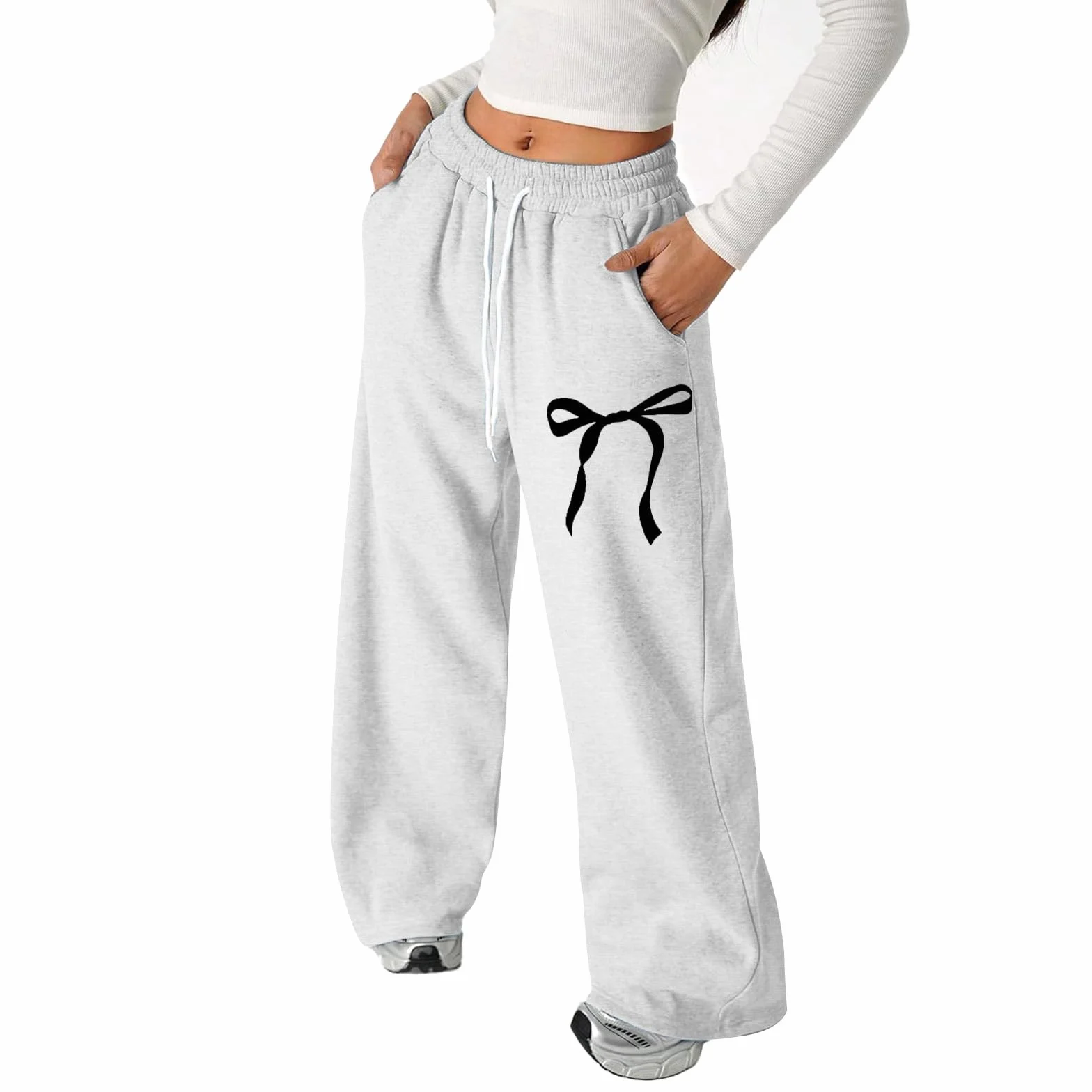 Pantalon de jogging baggy fille avec nœud jambes droites poches justaucorps