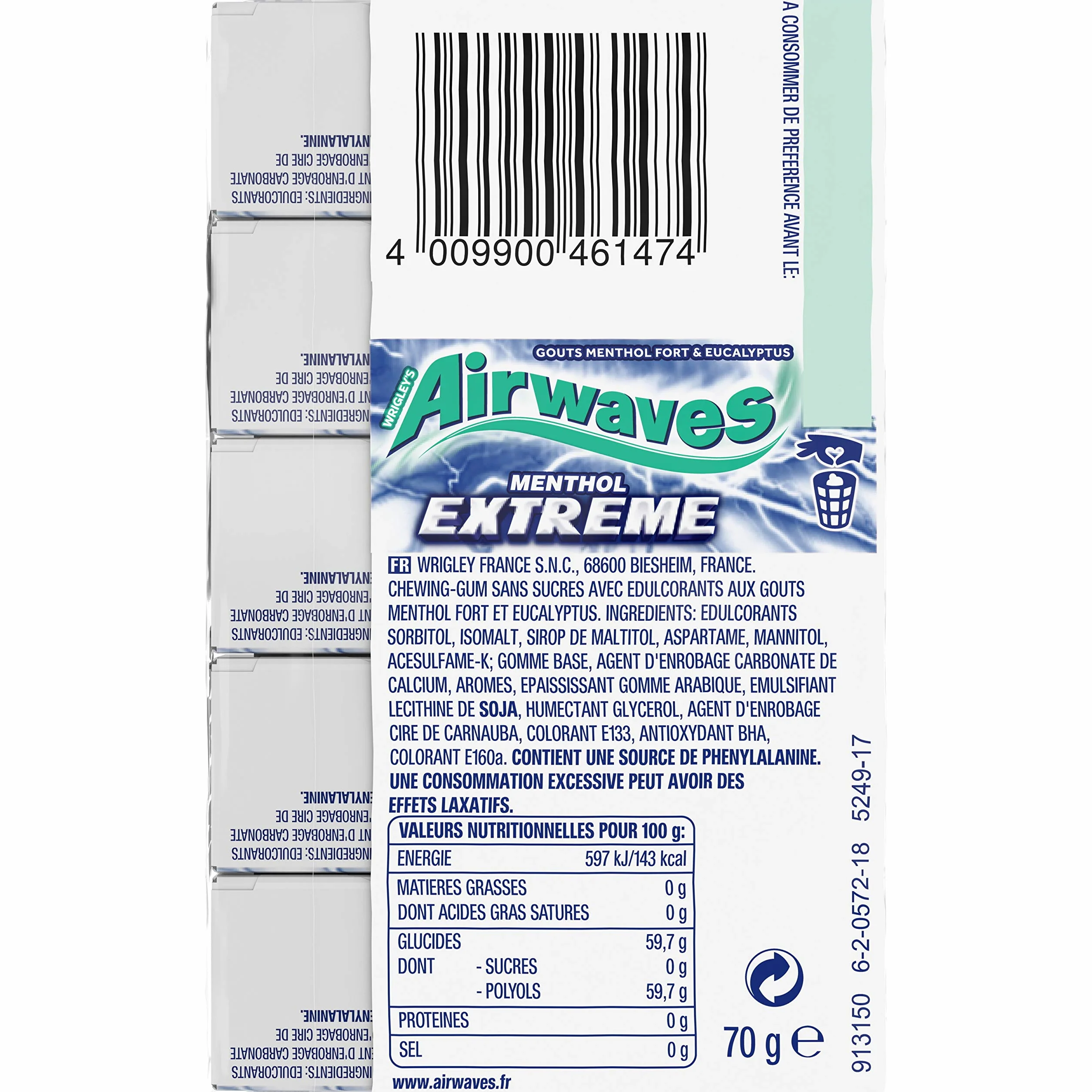 AIRWAVES Chewing Gum Sans Sucre Goût Menthol Extrême 5 Paquets 70g