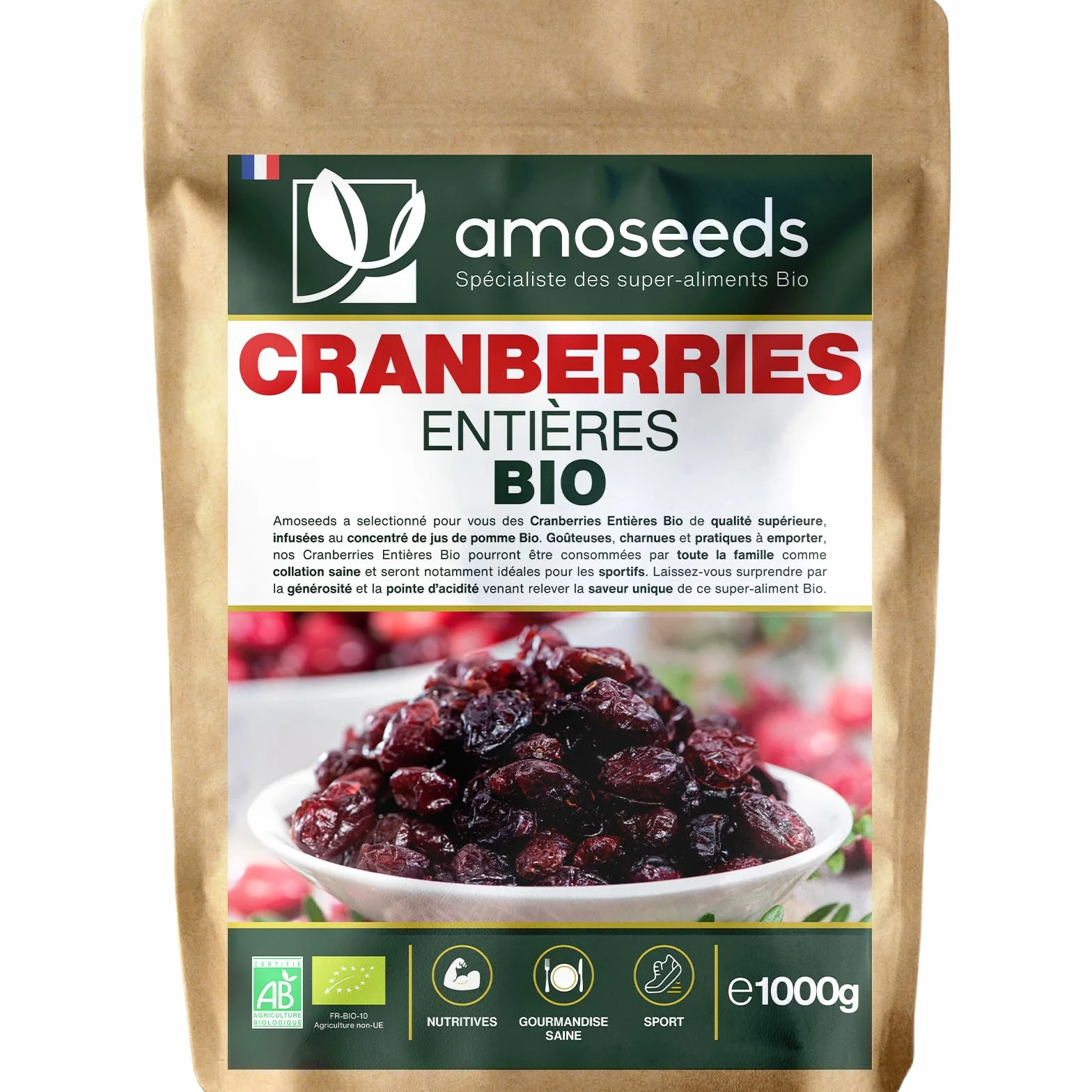 Cranberries Entières Bio 1KG | Sans sucre ajouté, naturellement sucrées au jus de pomme | Qualité Supérieure
