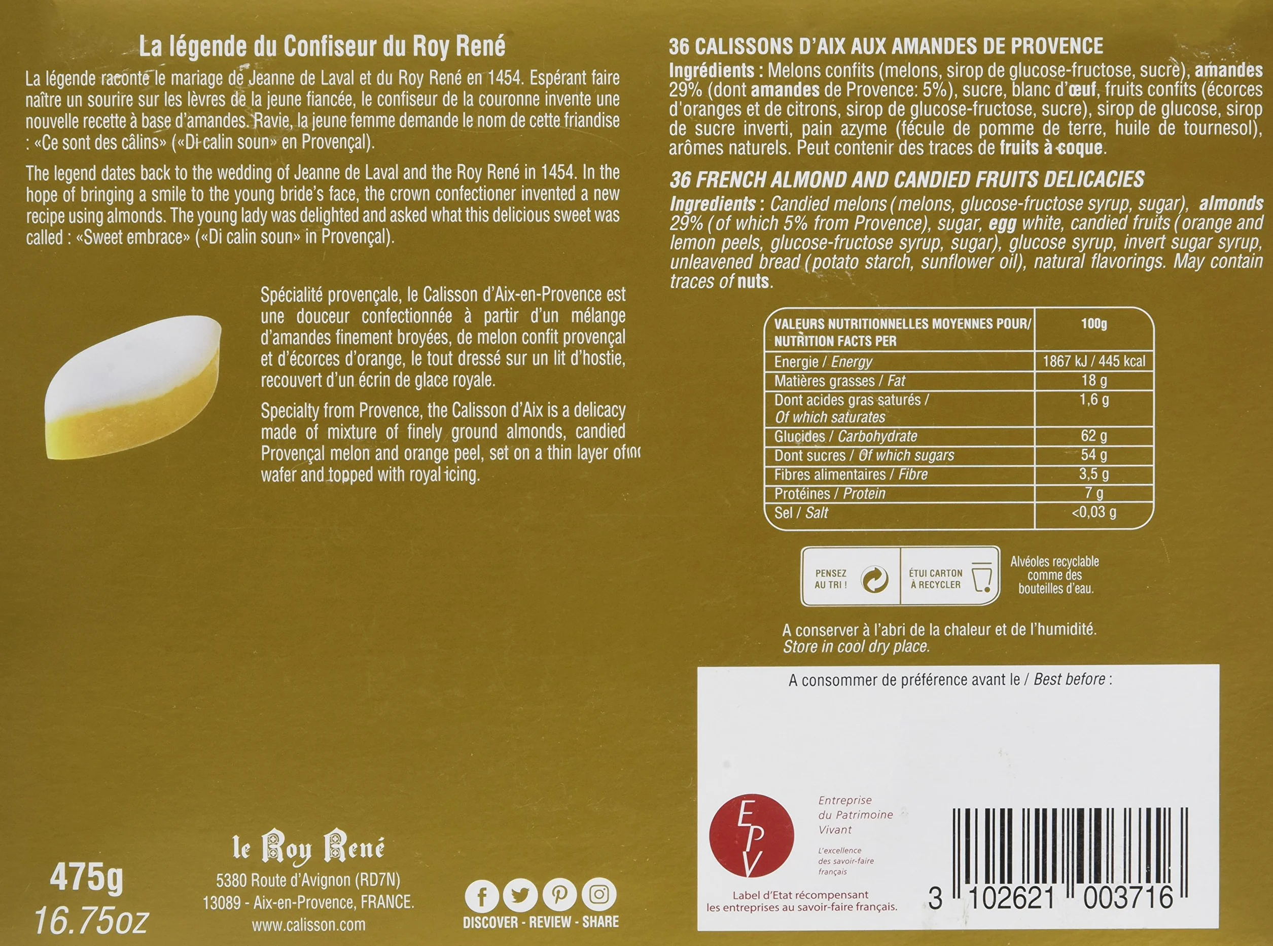 Le Roy René - Boîte Rectangle 36 Calissons d'Aix