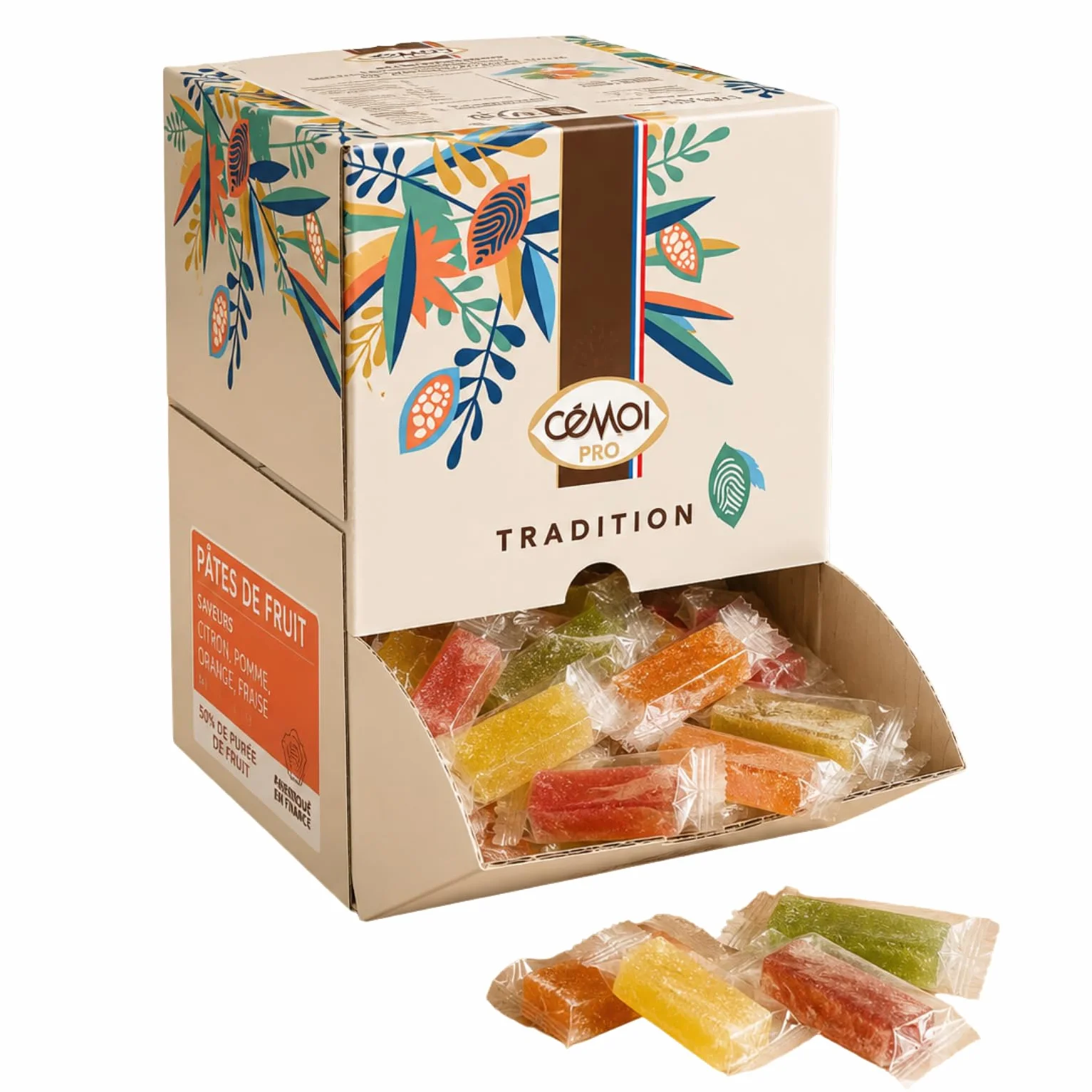 CEMOI | Boite distributrice de 220 Pâtes de Fruits | 4.5 kgs - Barres Individuelles 20.5g | 4 Saveurs Citron Orange Fraise Pomme - Fabrication Française | Idéal pour les comptoirs professionnels