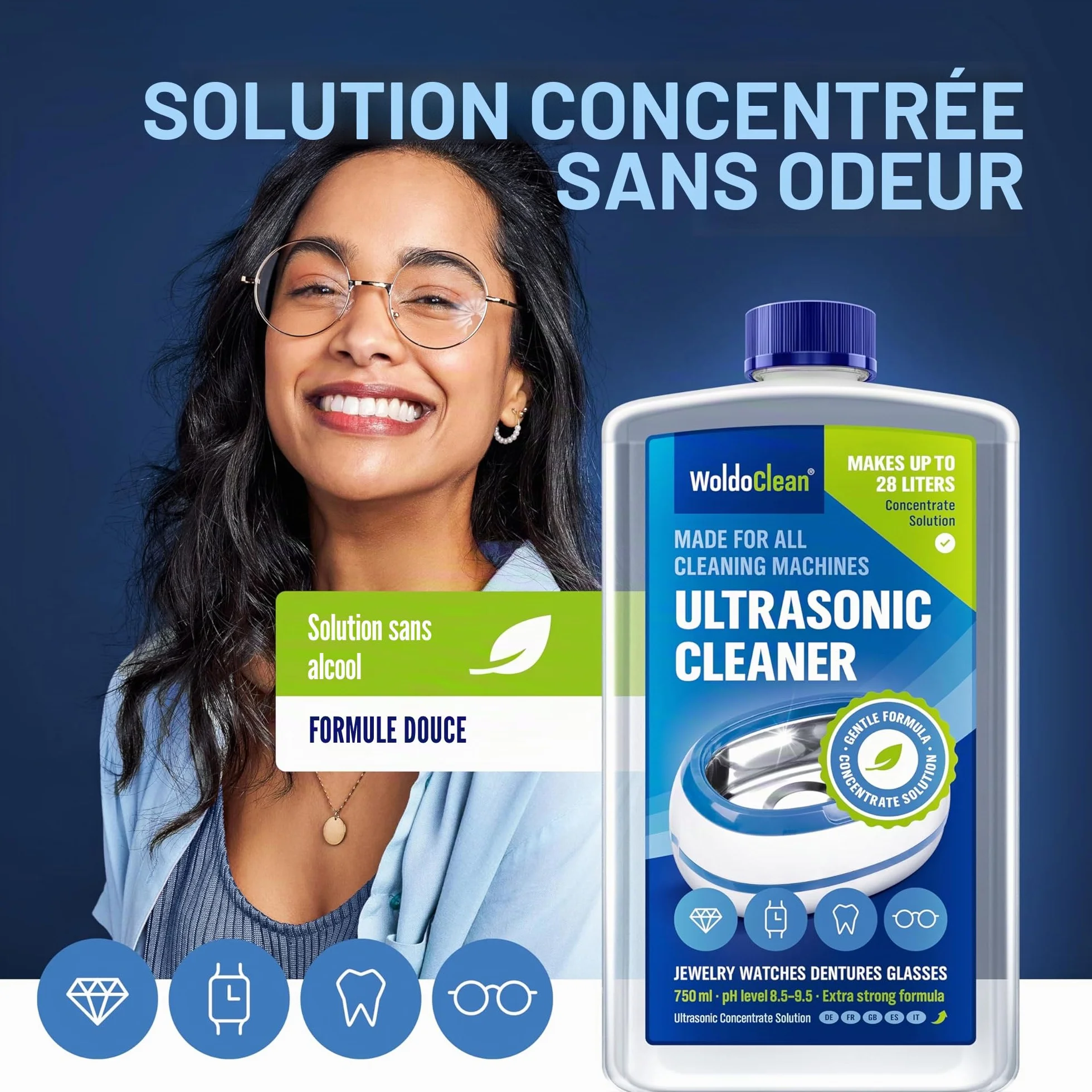 WoldoClean Nettoyant Ultrasons Concentré 750ml - Liquide pour Bac à Ultrasons, Sans Alcool