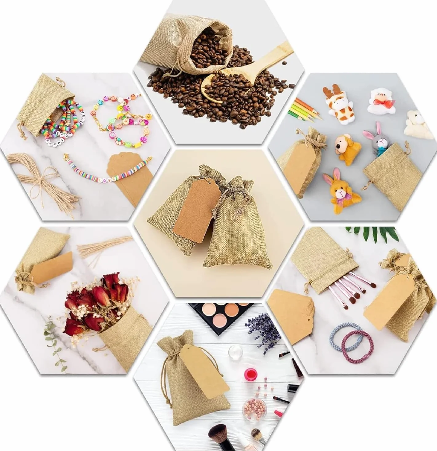 Sachets en Jute 24 Pcs Sacs Cadeau avec Cordon Réutilisables Pochette Tissu Lin Autocollants Cœur Étiquettes