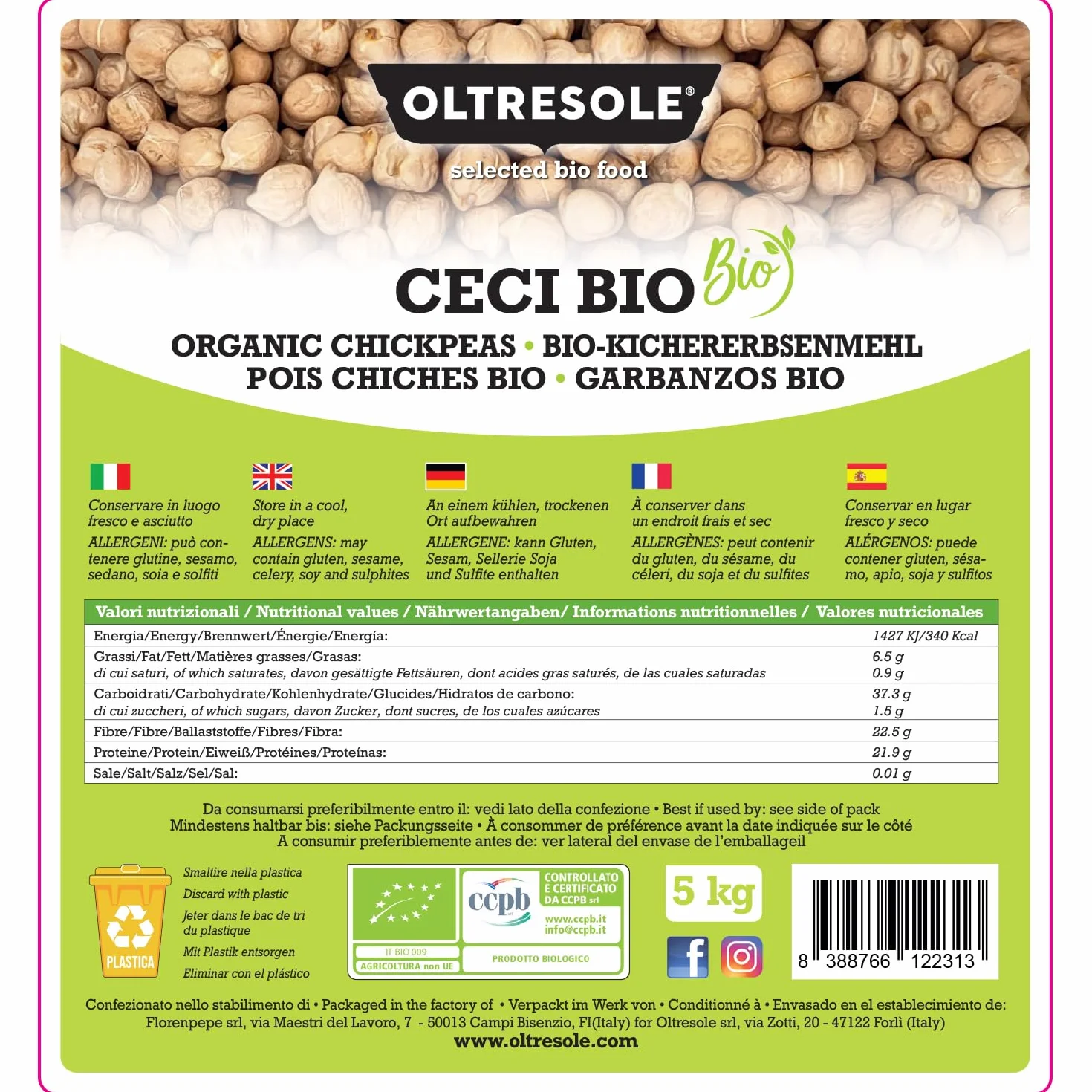 Oltresole, Pois Chiches Bio 5 Kg, Légumineuses sèches biologiques issues de cultures contrôlées, Excellentes pour les soupes, les salades, les légumes et les recettes saines, Format pratique