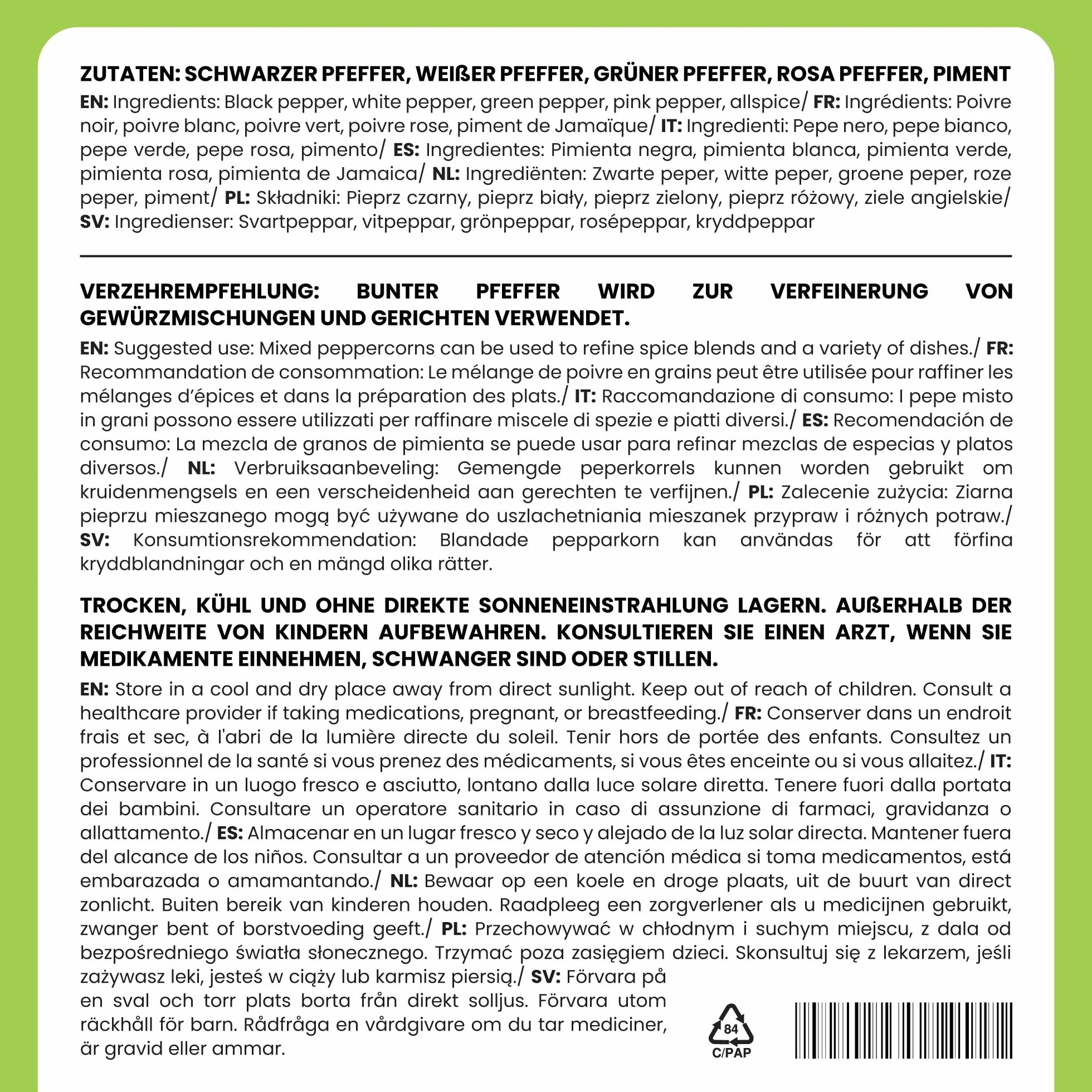 Alpi Nature Poivre 5 baies en grain 500g, Mélange d'Épices de 5 Couleurs, Poivre Noir, Blanc, Vert, Rose et Piment de la Jamaïque