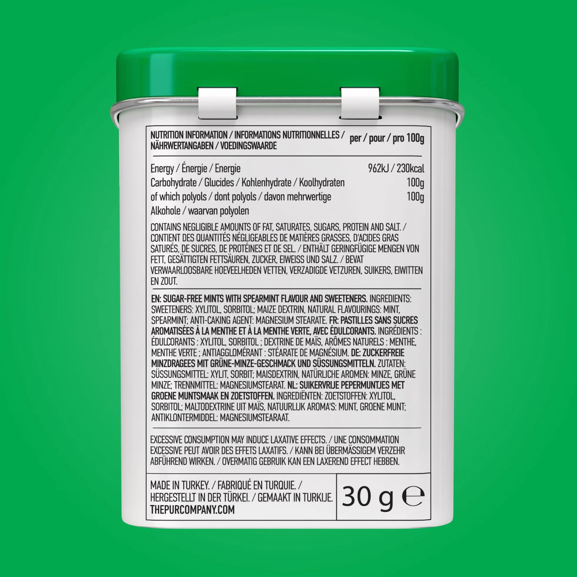 Pastilles à la menthe PUR - Xylitol, sans sucre, végétaliennes, sans gluten, cétogène - 30 pièces x 12 paquets