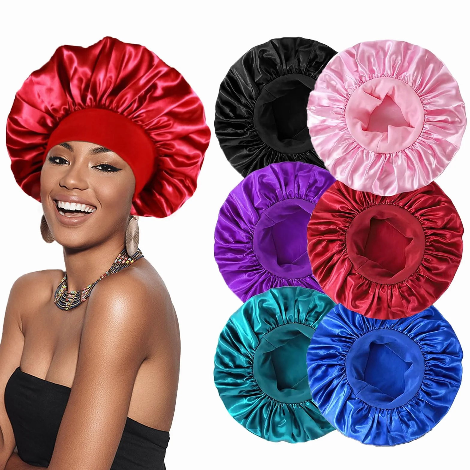 Bonnet Satin Cheveux Nuit 6 Pièces pour Dormir Protection Cheveux Longs Bouclés