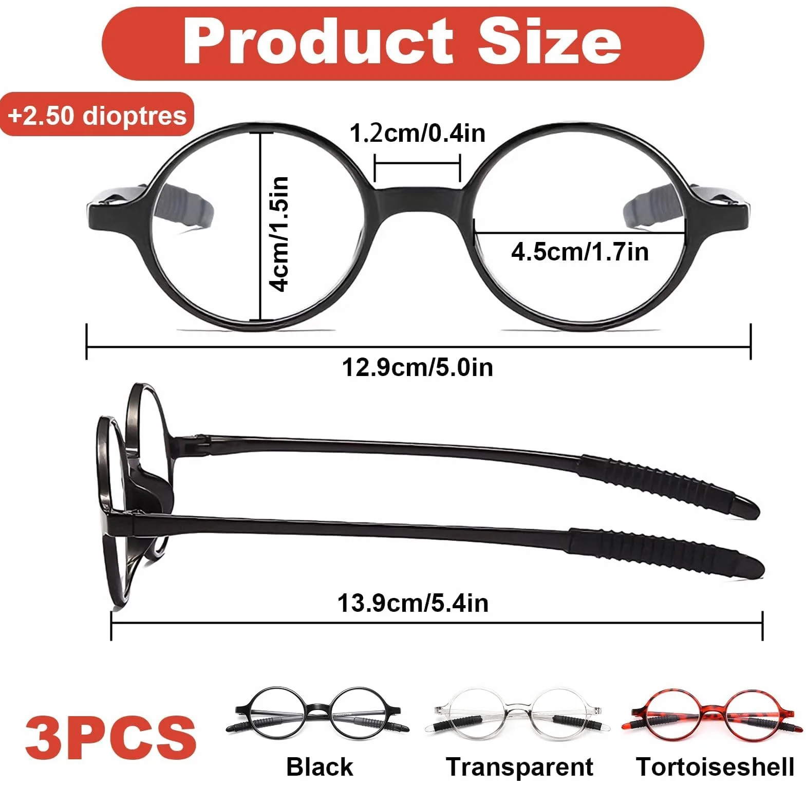 Lunettes de Lecture Rondes +2.5 Rétro Lot de 3 Femme Homme Charnières à Ressort Monture Légère