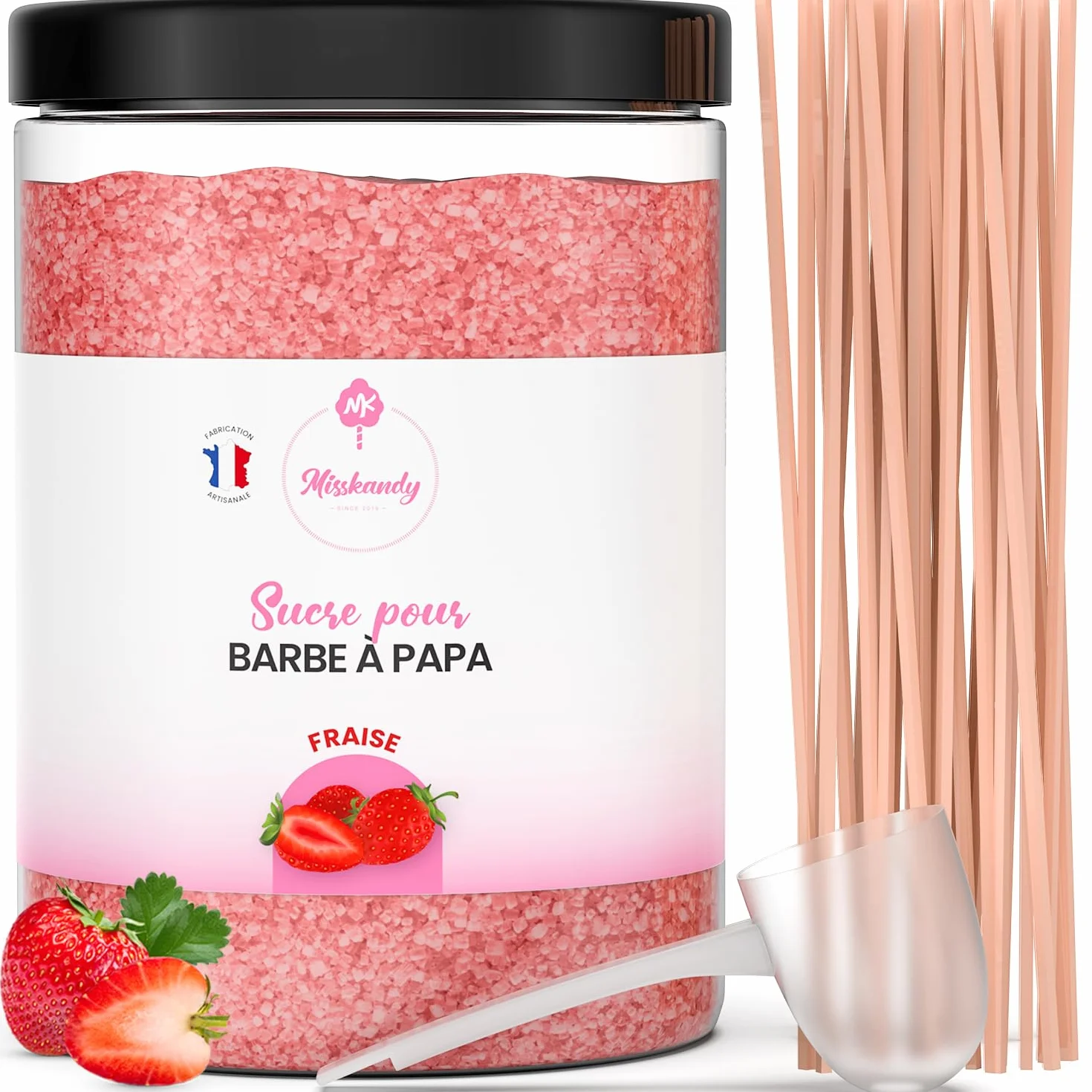 Misskandy®-Sucre Barbe à Papa Fraise 1,340kg (Arôme et Colorant Naturel), pour Machine/poudre barbapapa + 50 bâtonnets (offerts) / Fabriqué en France