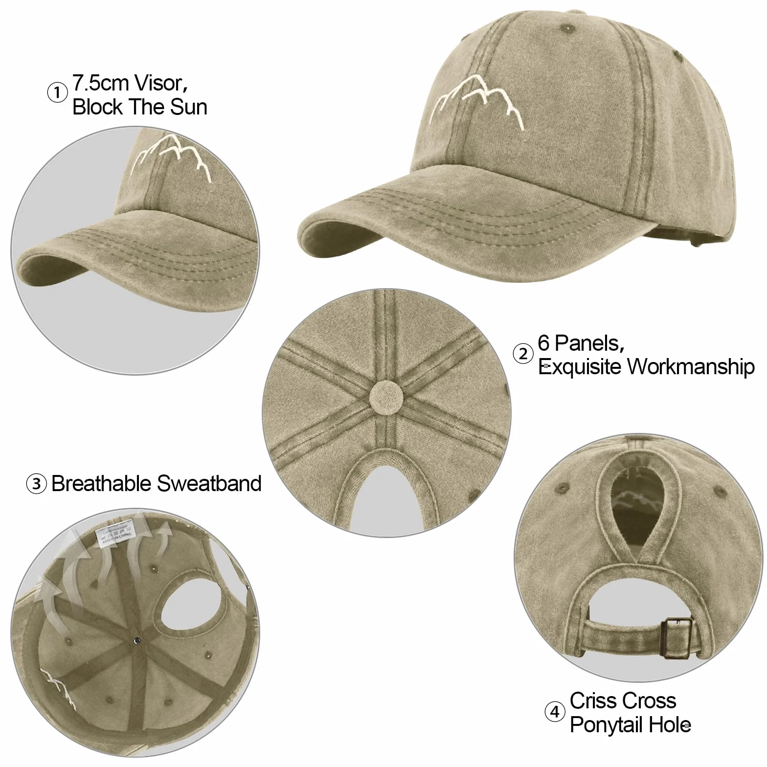 Casquette Baseball Femme Tiakay Queue de Cheval Motif Brodé Vintage Délavé Réglable Trucker Cap