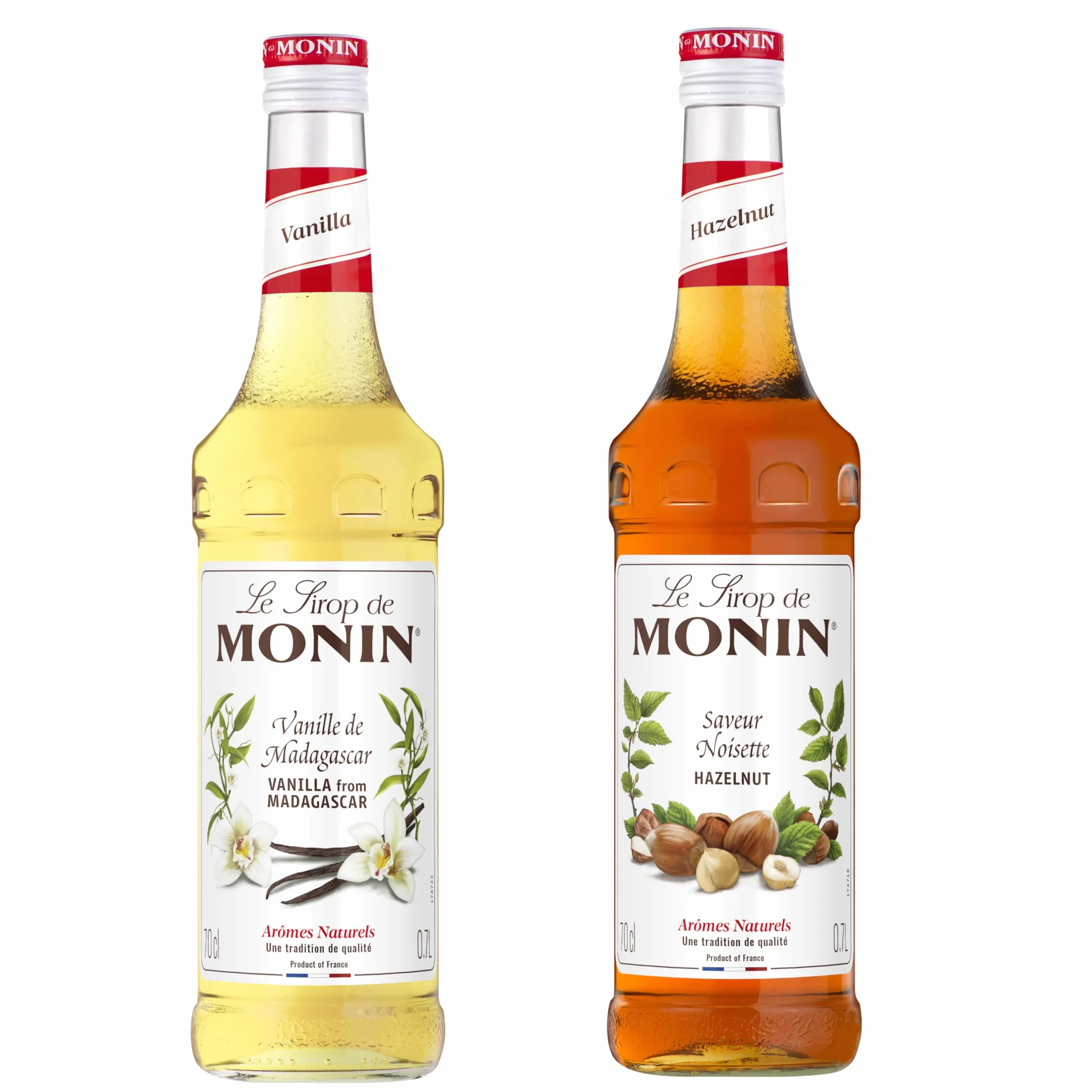 MONIN - Assortiment Sirop de Vanille de Madagascar et Sirop Saveur Noisette - Pour Café, Chocolat Chaud, Capuccino ou Latte - Arômes Naturels - Bouteille en Verre - 2 x 70 cl