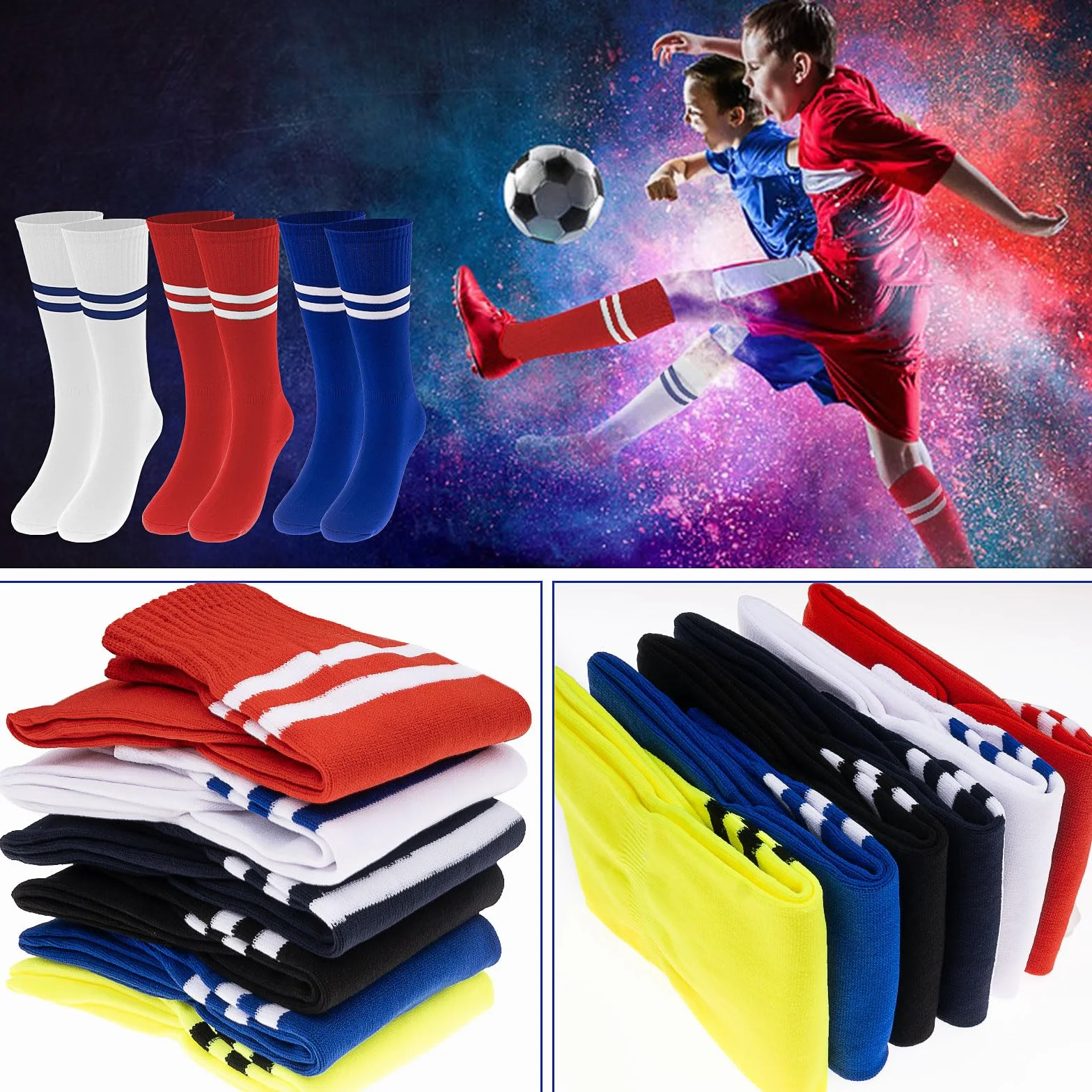 Chaussettes Foot Enfant Lot 18 Paires, Hautes Rayures Garçon Fille, Taille Unique 28-35, 6 Couleurs