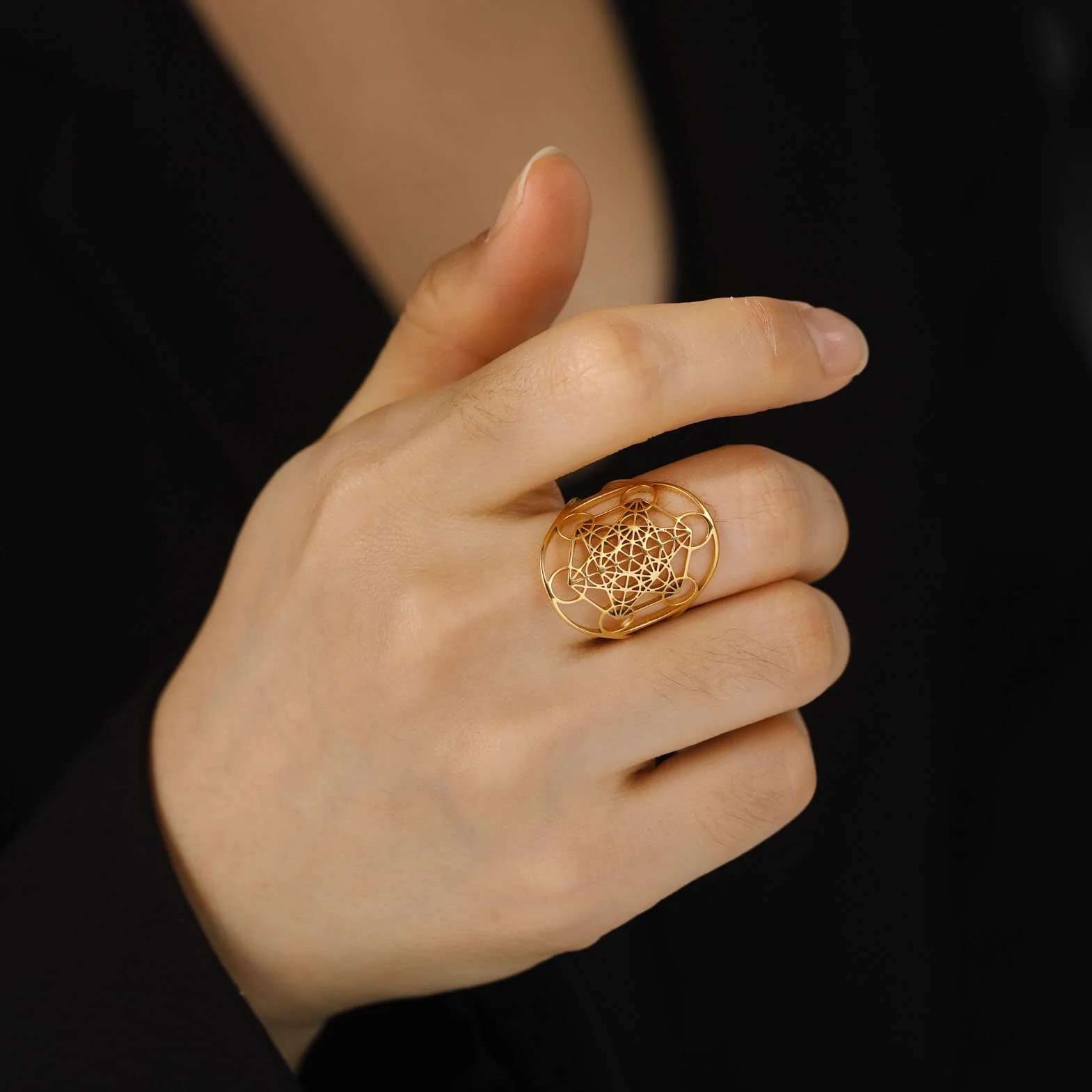 Amaxer Acier Inoxydable Metatrons Cube Anneau pour Femmes Archange Metatron Protection Évidé