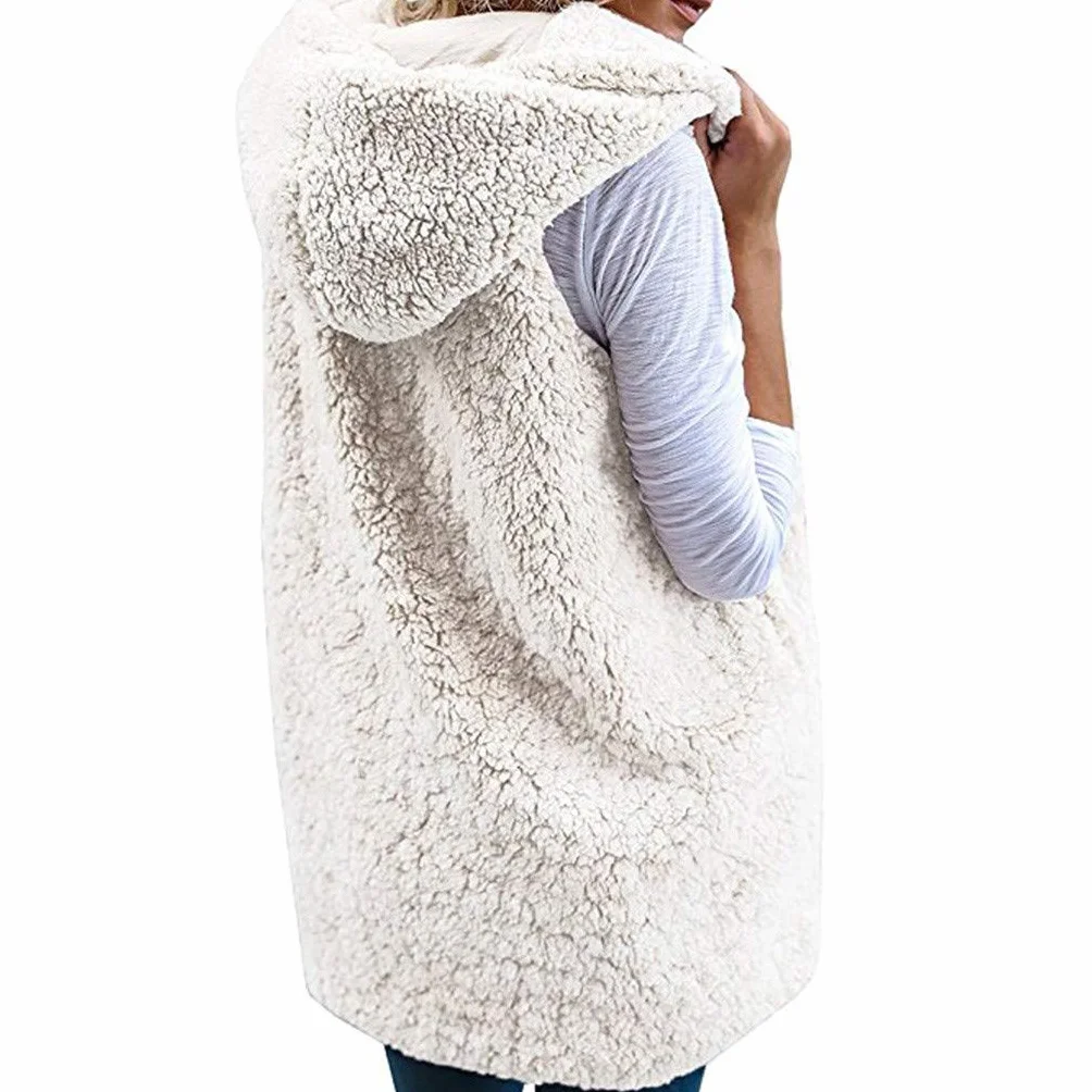 Gilet long sans manches en polaire chaude pour femme capuche surdimensionné avec poches
