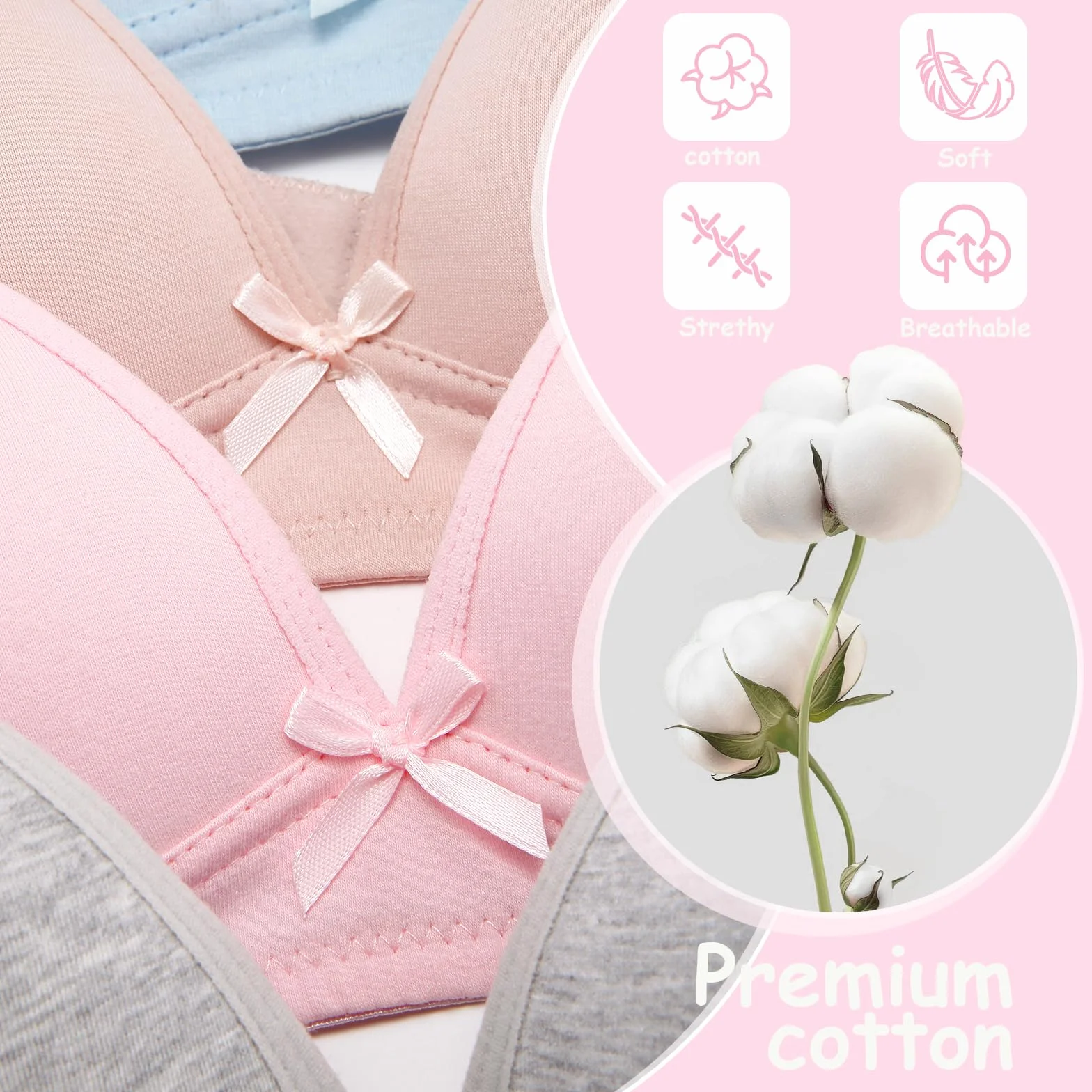 Soutien-Gorge Basique en Coton sans Armatures pour Fille, Bretelles Réglables, Bonnet A
