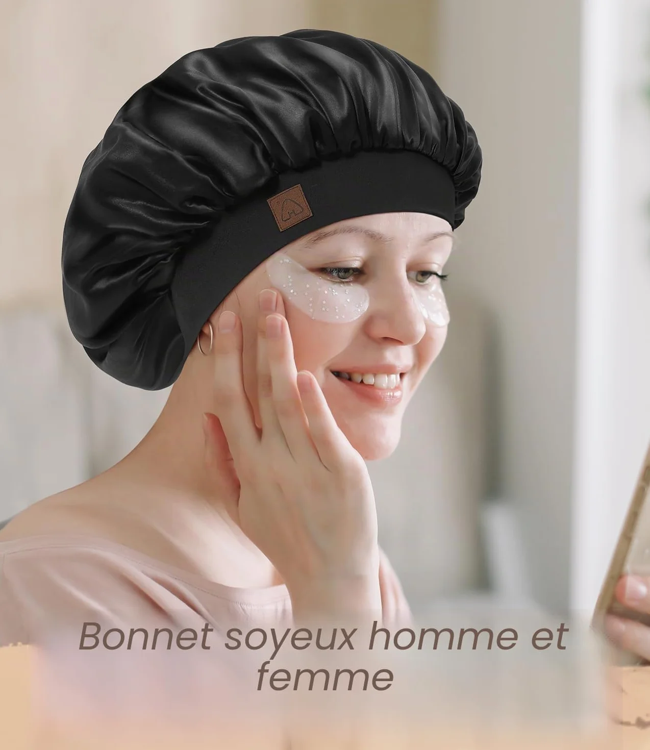Bonnet Satin Soie Cheveux Nuit Double Couche Bande réglable pour Femme Homme