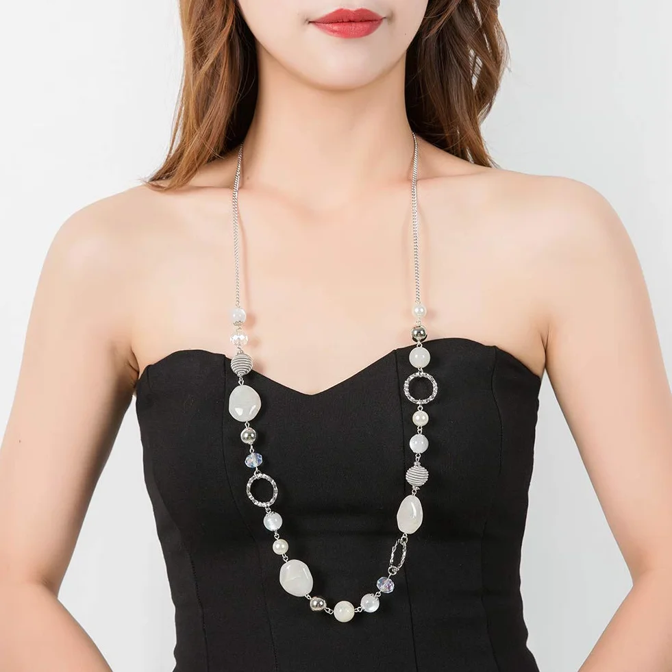 FULU AUTUMN Collier Long Argent Boheme Cristaux Perles Pierre Naturelle Bijoux Fantaisie