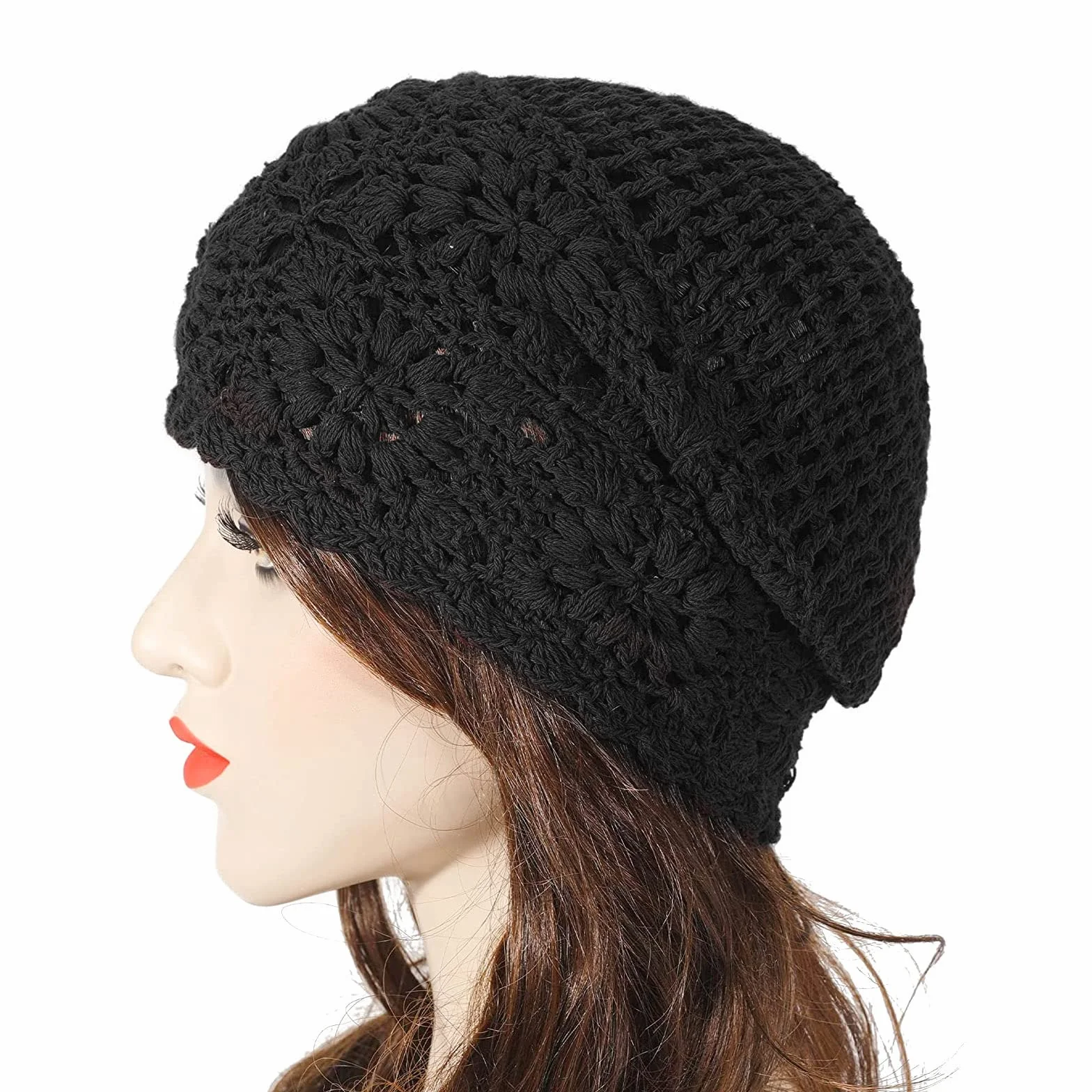 Bonnet Femmes Coton Tricot Vintage Floral Crochet Slouchy Cap 52-58cm Tour de Tête