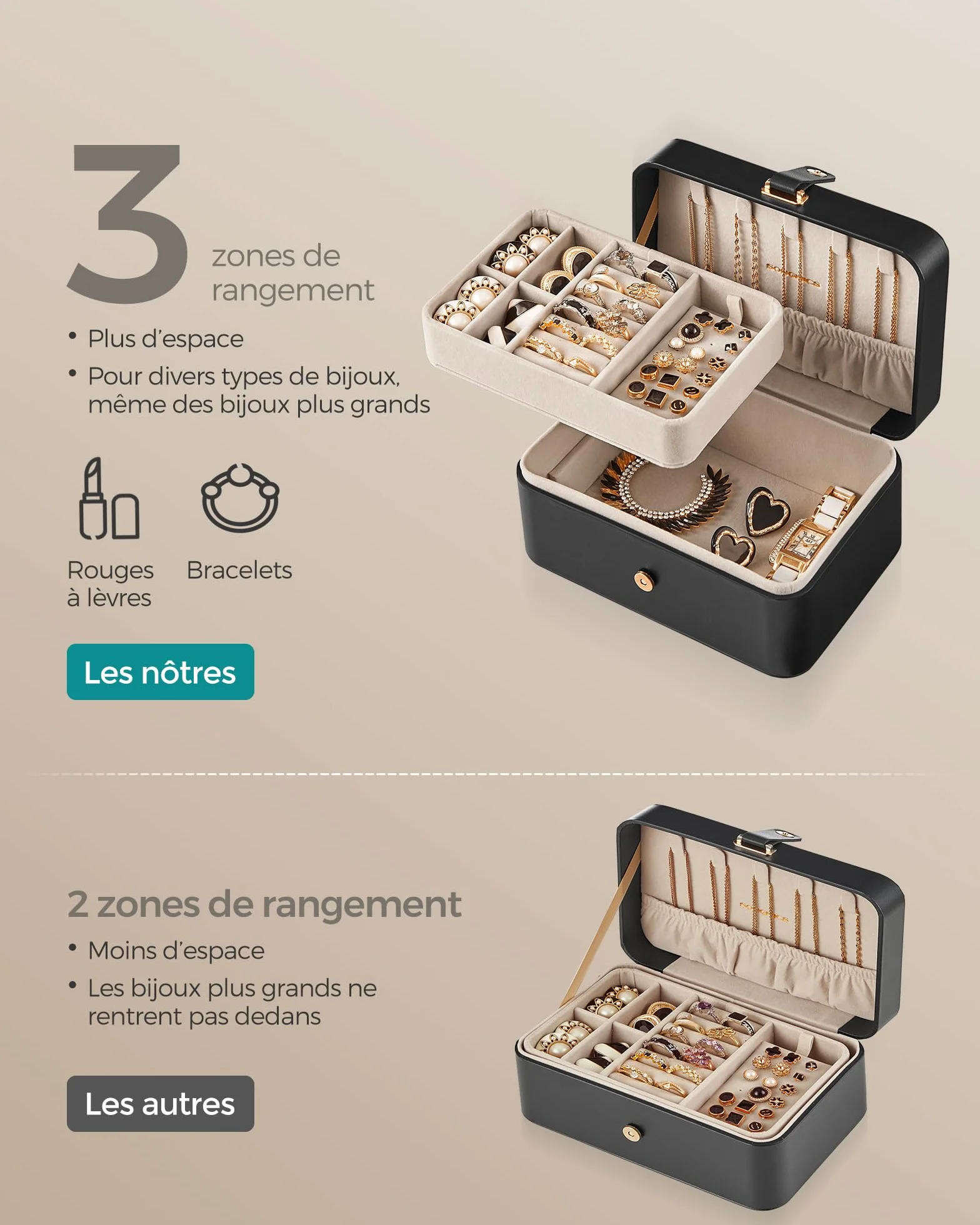 SONGMICS GISELLA Boîte à Bijoux de Voyage 2 Niveaux, Petit Écrin Portable, 11,6 x 16 x 7,5 cm, Noir