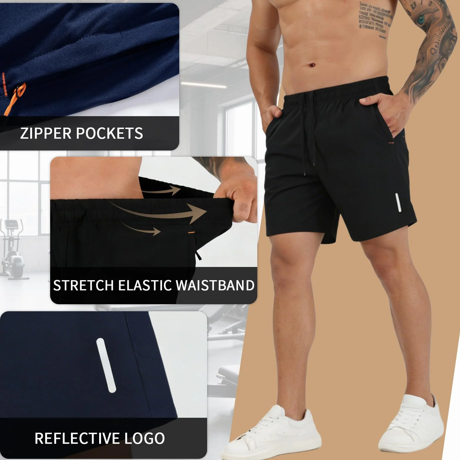 SHAGGA Lot de 3 shorts de sport légers à séchage rapide pour homme, entrejambe 7 avec poches zippées