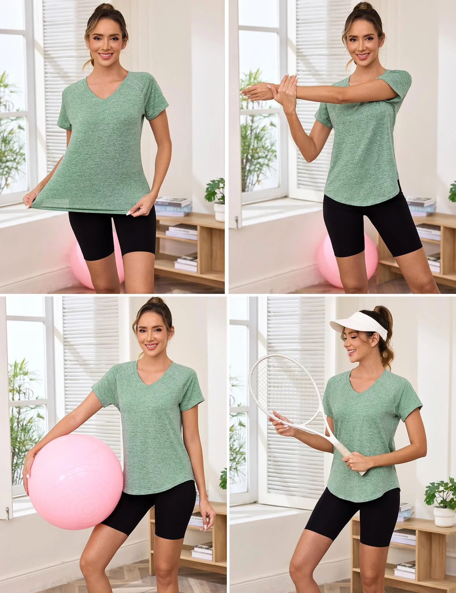 T-Shirt Sport Femme col V Bandes Réfléchissantes Manches Courtes pour Fitness Running Yoga