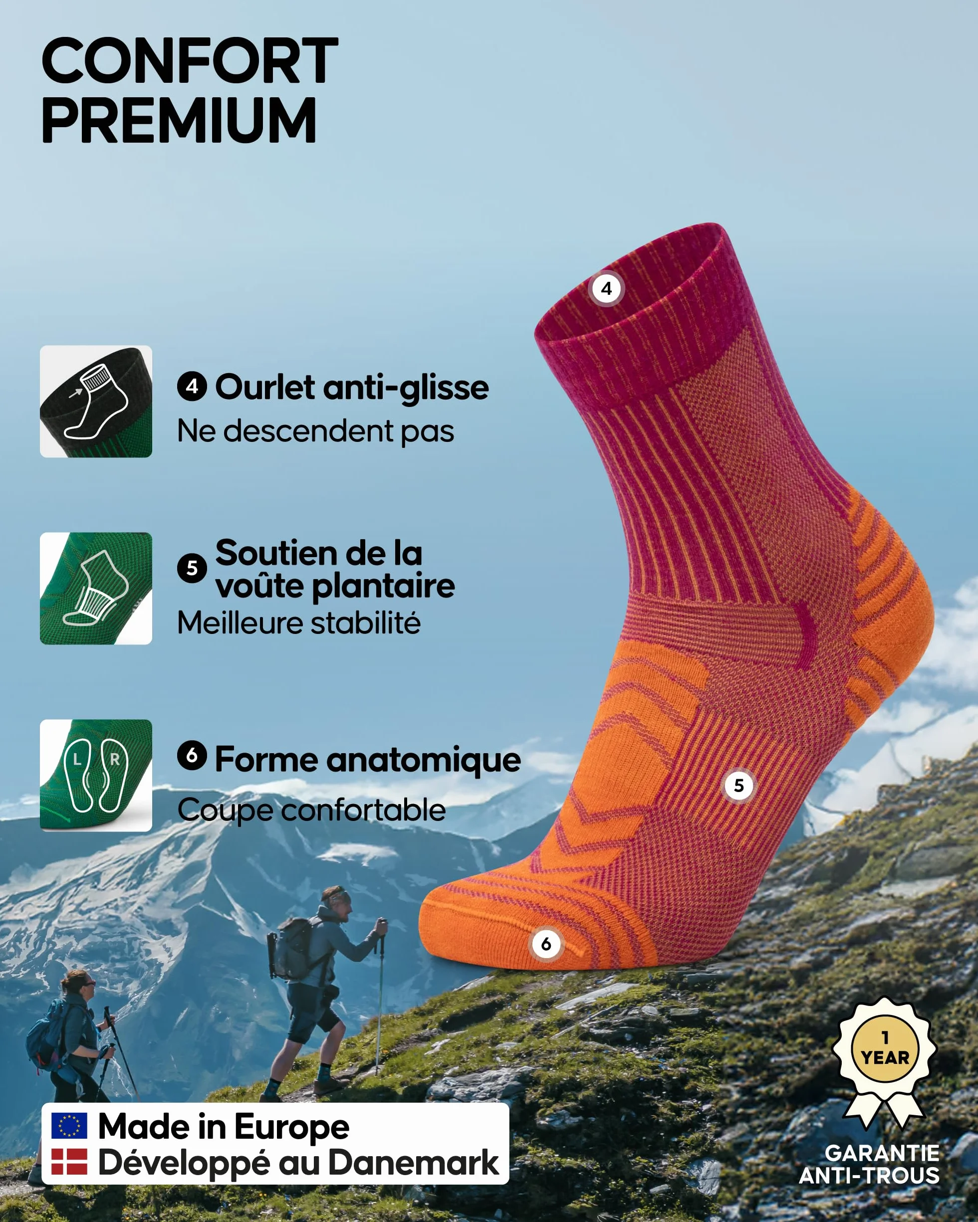 DANISH ENDURANCE Chaussettes de Randonnée en Laine Mérinos Légères Anti-Ampoules Unisexe