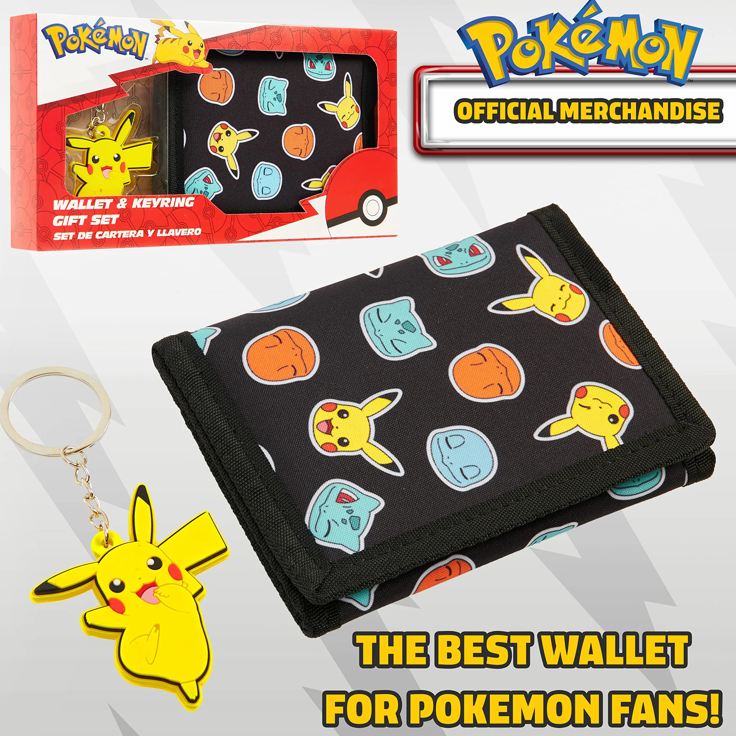 Pokémon Portefeuille Enfant Trifold Toile Poche ID Zippé Porte Clés Coffret Cadeau Pikachu Noir Jaune