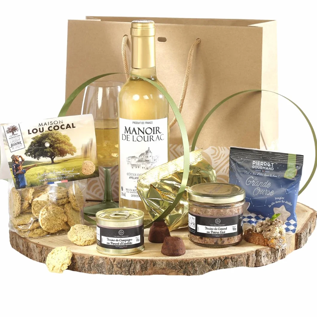 Cellier du Périgord Panier Gourmand Shopping Bag - Vin Blanc | Shopping bag 7 produits : vin blanc AOP Côtes de Bergerac 37,5cl, terrines poivre vert et piment, sablés et truffes cacao