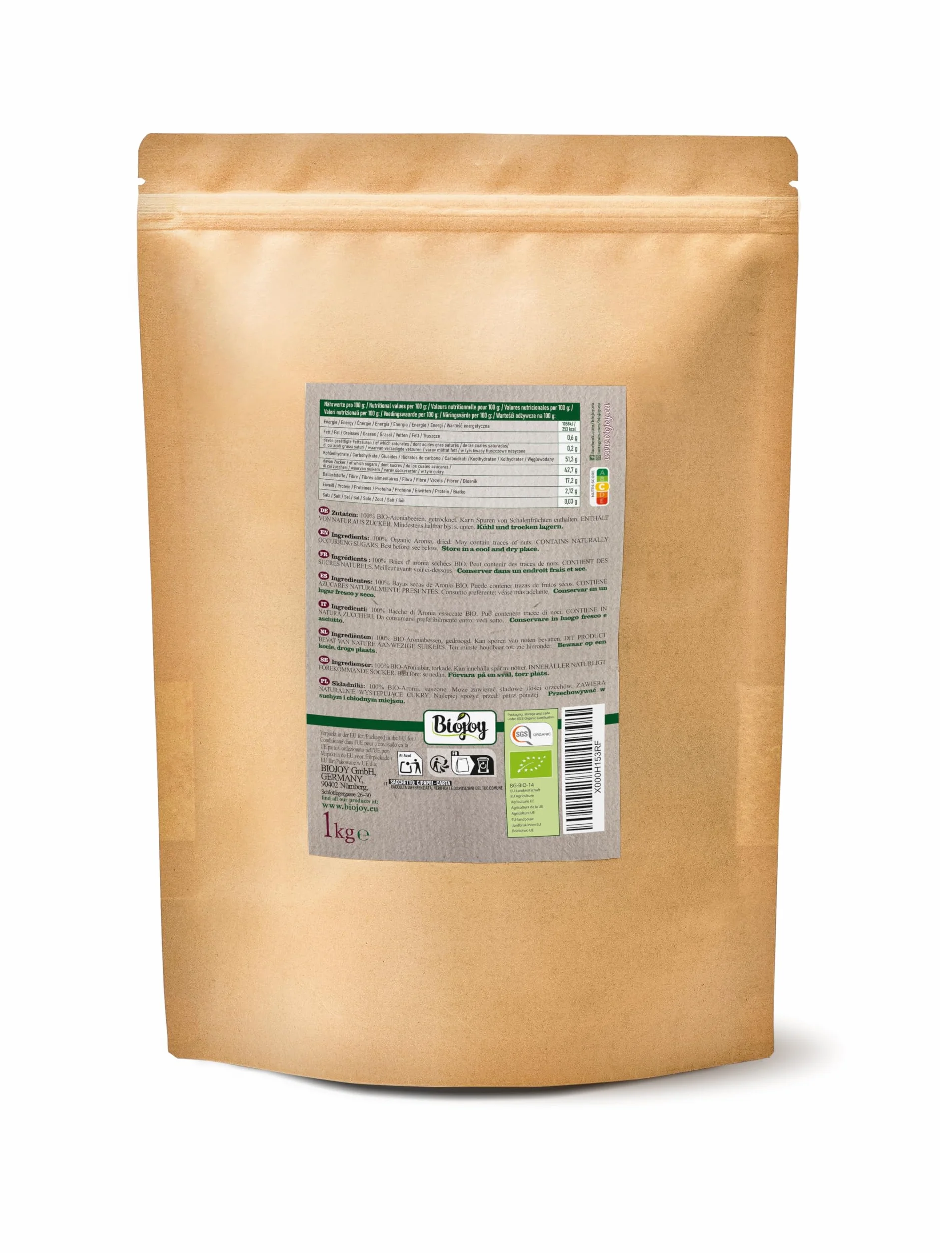 Biojoy Baies d'aronia séchées BIO (1 kg), entières (Aronia melanocarpa)