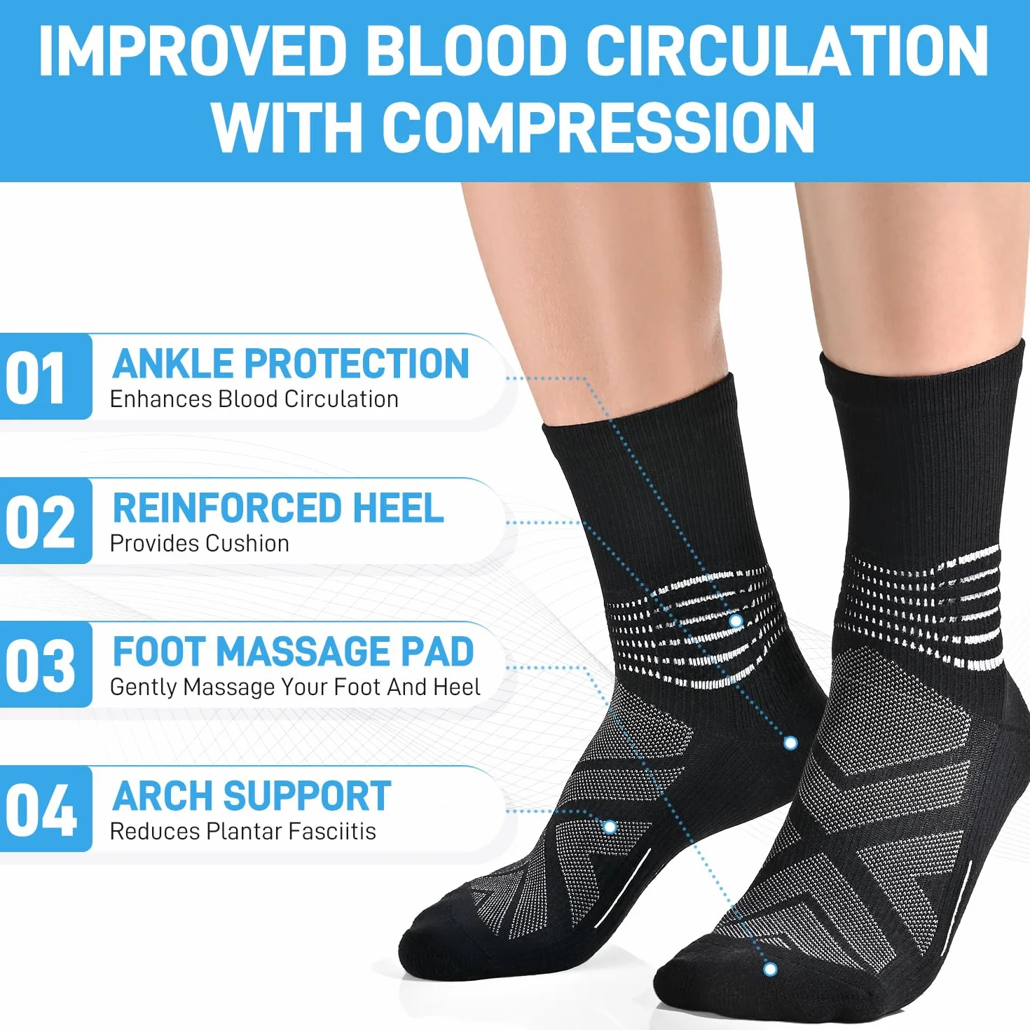 Chaussettes de Contention Homme Femme Running Support Cheville Compression Course Randonnée Fasciite Plantaire