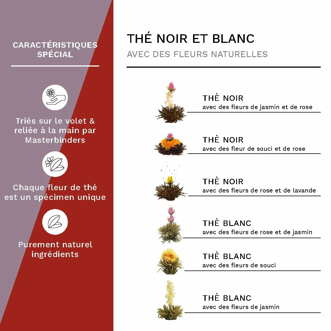 Creano Coffret Cadeau Fleurs de Thé Mix 6 pcs – Théière en Verre 500ml sans goutte – 3x Thé Noir & 3x Thé Blanc – Idée Cadeau Femme, Maman, Anniversaire