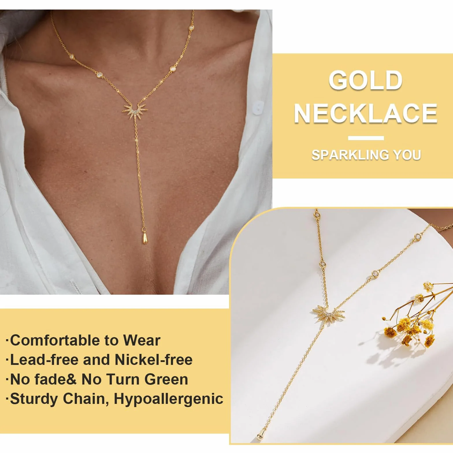 Chaîne longue en Y or 14 carats collier multi-rangs pendentif soleil pour femmes