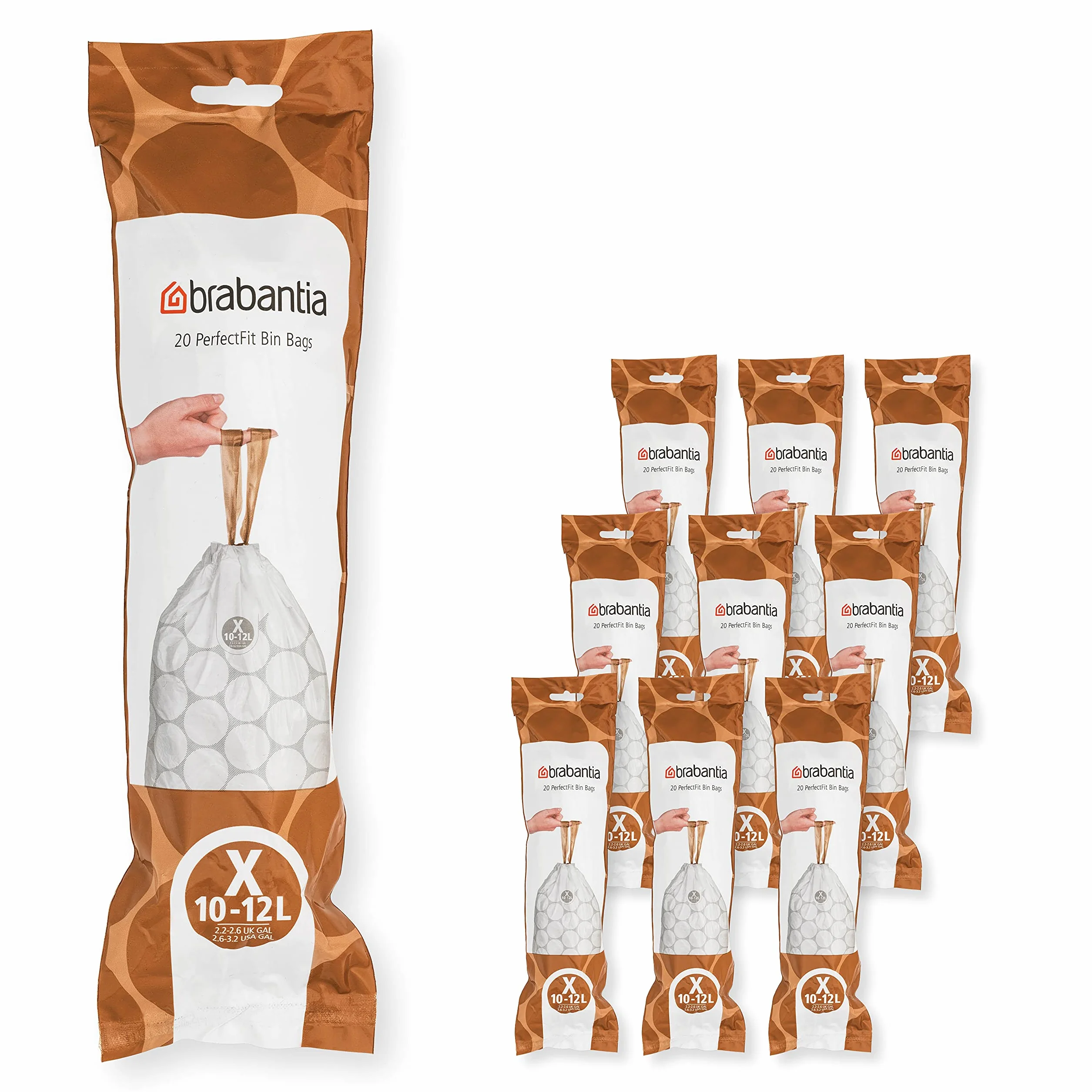 Brabantia Sacs Poubelle PerfectFit Multipack (Code X - 10L / 12L), Ultra Résistant, Poignées Coulissantes, 10 rouleaux (200 Sacs)