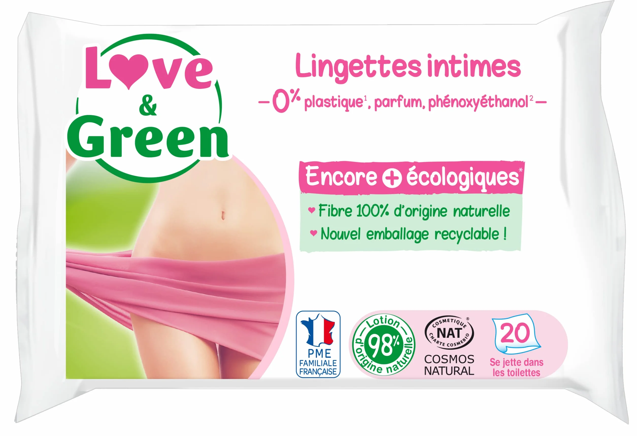 Love & Green Lingettes Intimes APAISANTES écologiques 20 pièces - Certifié Cosmo Natural ECOCERT FSC