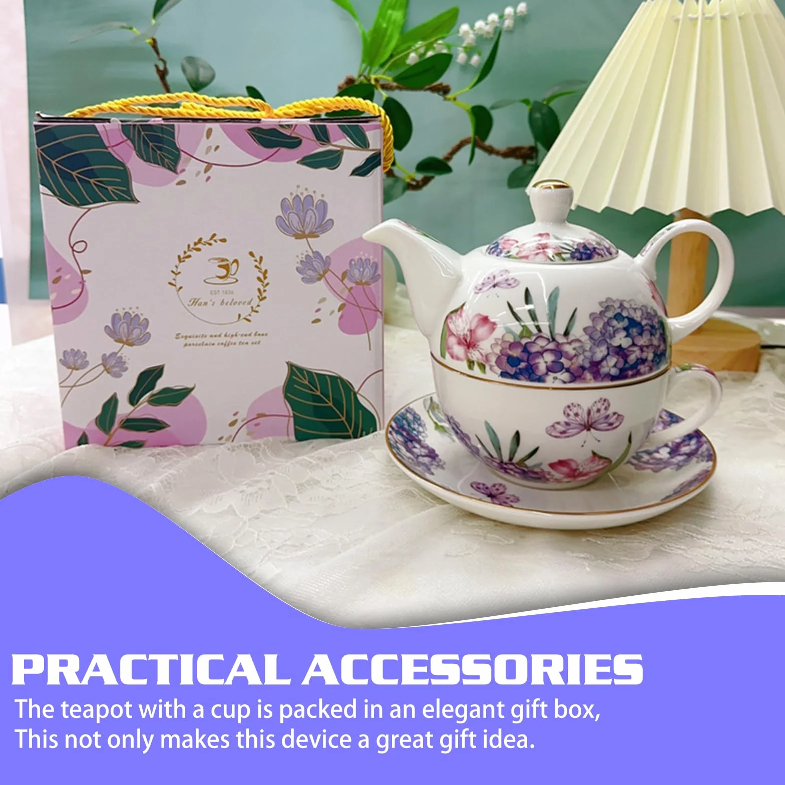 Service à thé pour une personne - Motif floral - Théière en céramique de 400 ml avec tasse de 250 ml - Service à thé en porcelaine pour le thé de l'après-midi - Cadeau pour femme - Vaisselle à café