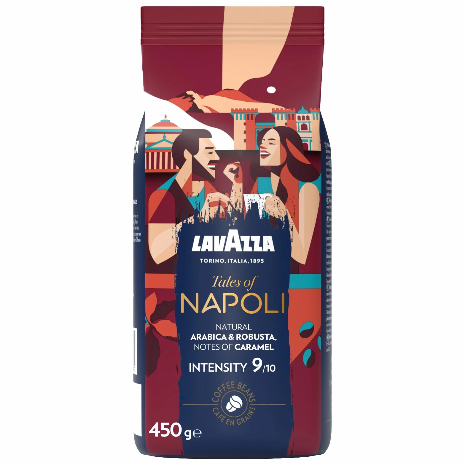 Lavazza, Tales of Napoli, Café en Grains, 450 g, pour les Machines à Café Automatiques, Notes de Cacao et de Caramel, Arabica et Robusta, Intensité 9/10, Torréfaction Foncée