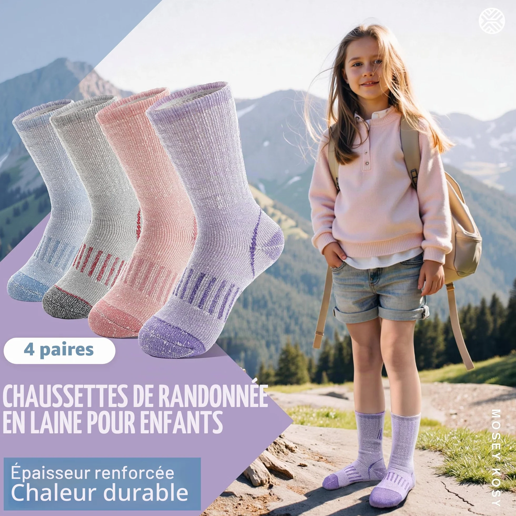 Chaussettes Randonnée Laine Mérinos Enfants MOSEY KOSY 4 Paires Thermique Hiver Chaudes Bottes Épaisses Snowboard