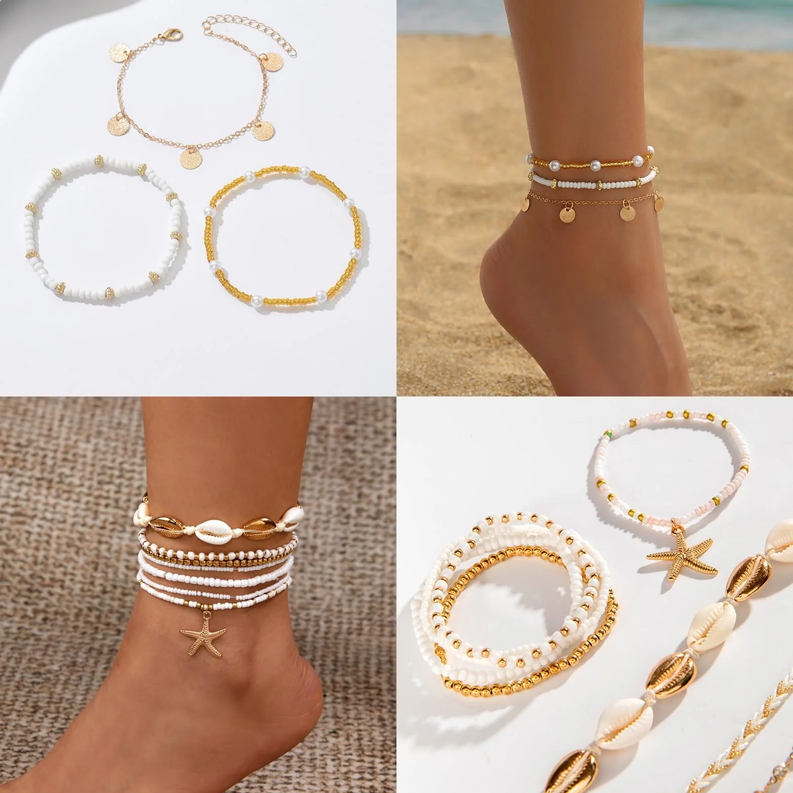 JSTHHTT Bracelet de Cheville Femme Perles Dorées Bohème Réglable Élastique
