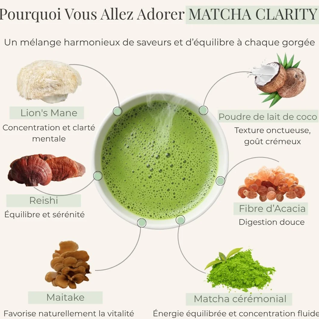 Matcha Clarity – Thé Matcha Cérémonial aux Champignons Adaptogènes – Lion’s Mane, Reishi & Maitake – Énergie Naturelle & Concentration – Vegan, Sans Sucre Ajouté – 25 tasses (100g)