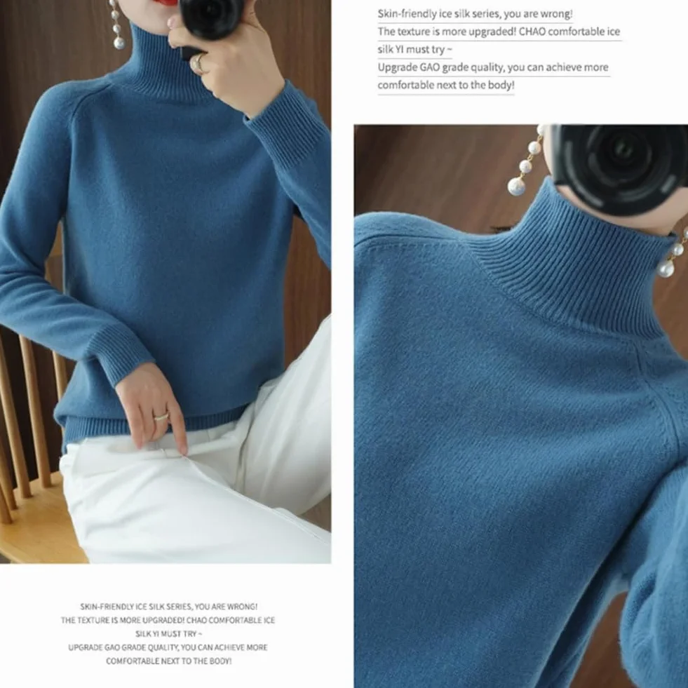 Pull en Tricot à col roulé Cachemire Laine Chaude Manches Longues