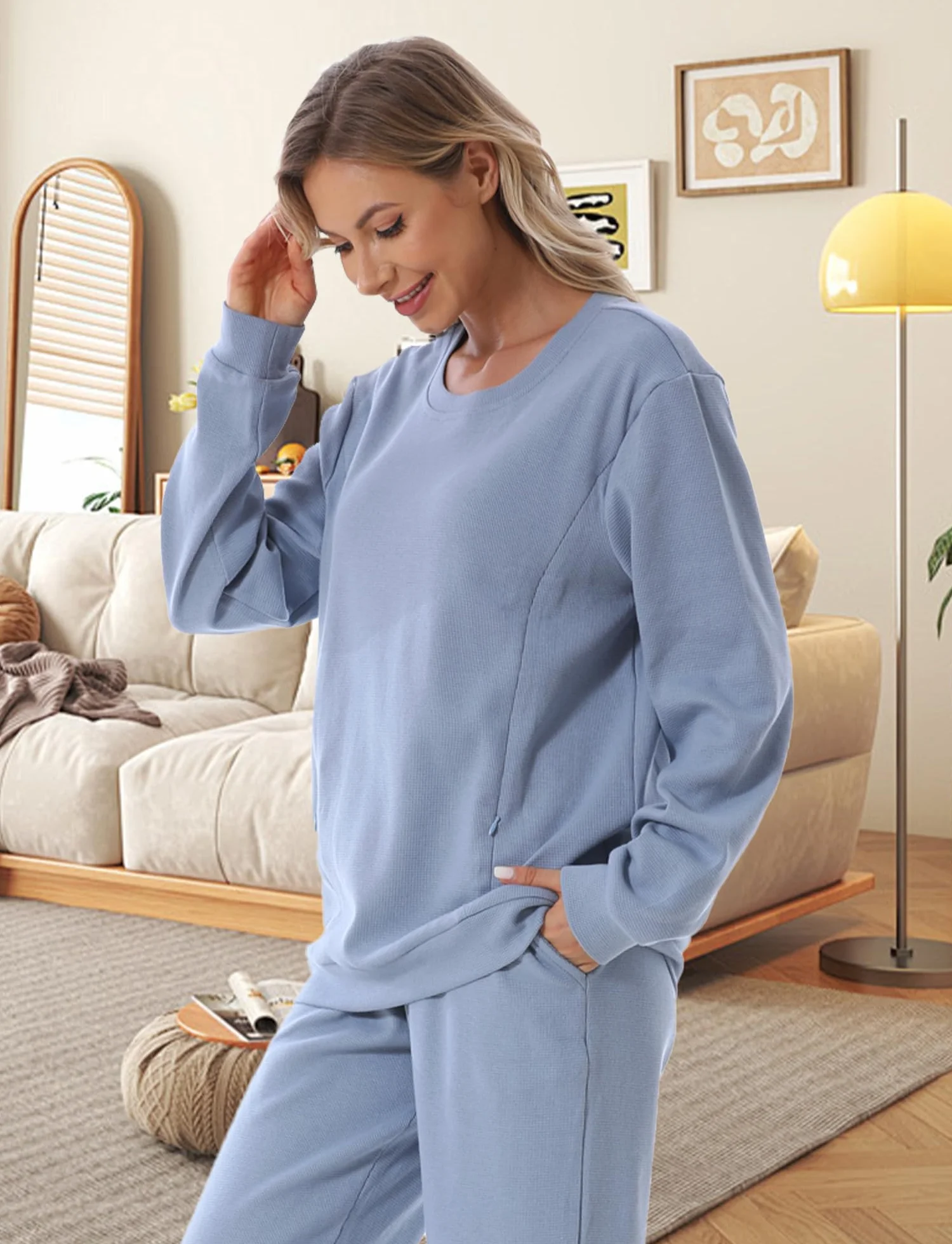 FEOYA Hauts à Manches Longues pour Femmes Enceintes Sweat-Shirts de Maternité Col Rond Doux Chaud Pull d'Allaitement Automne Hiver