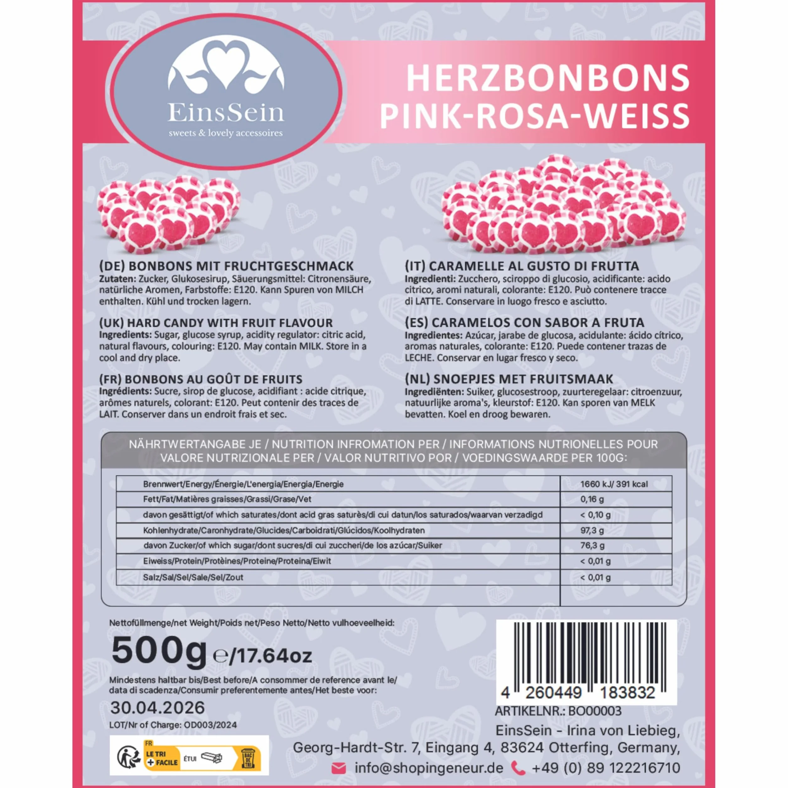 EinsSein Dragées Cœur Mariage Rose Rouge Blanc 500g | 130 Bonbons Cœur Décoration Table | Cadeaux d’Accueil pour Mariage Baptême Anniversaire Communion