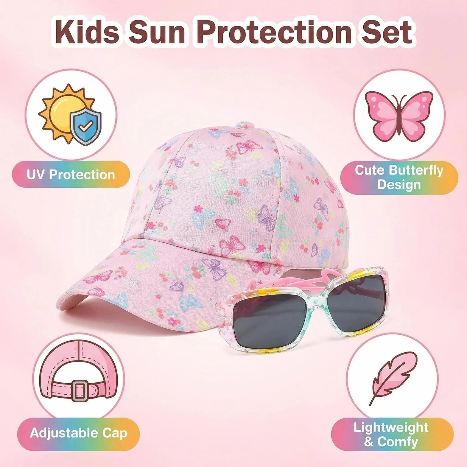 Casquette Enfant Fille et Lunettes de Soleil Baseball Réglable Chapeau Sport Extérieur Été